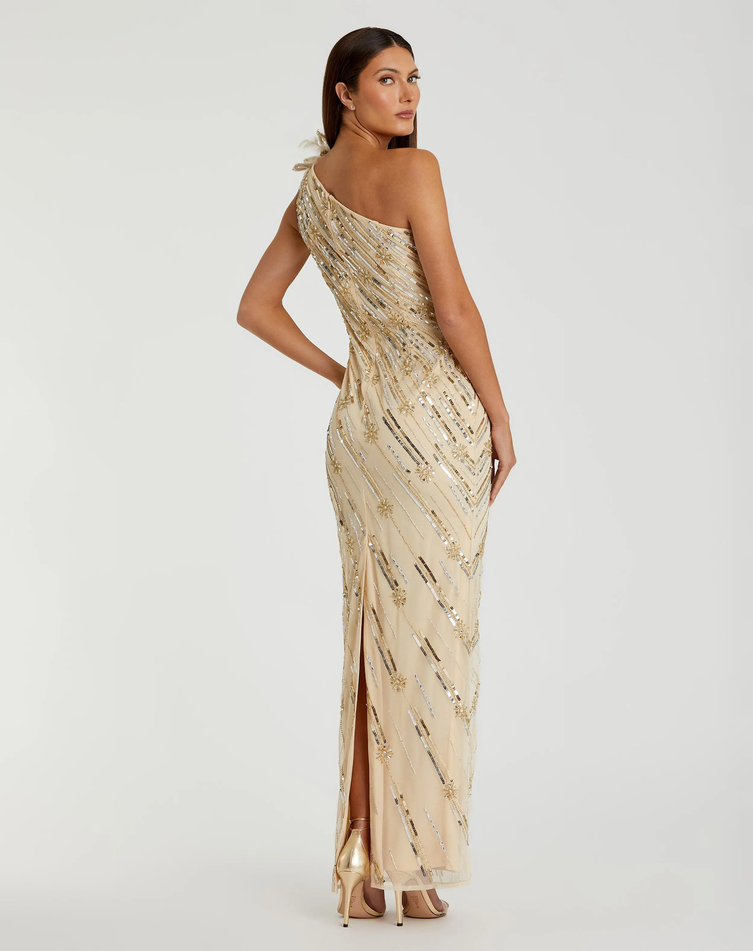 Gold Embellished Floral Detail One Shoulder Gown - Image 3