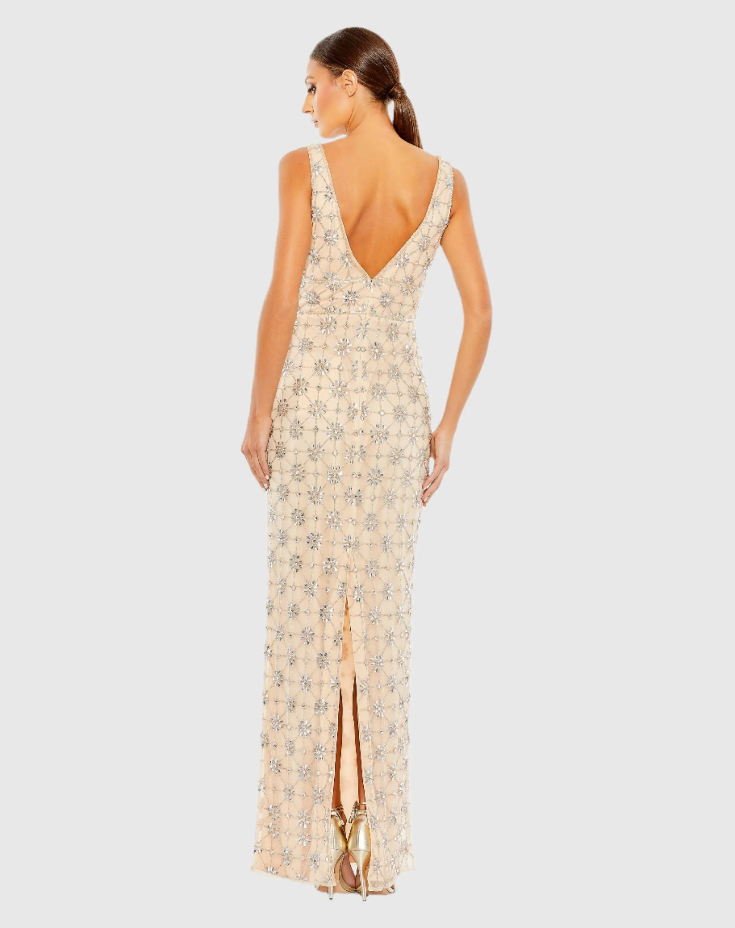 Beige Sleeveless Hand Beaded V-Neck Gown - Image 3