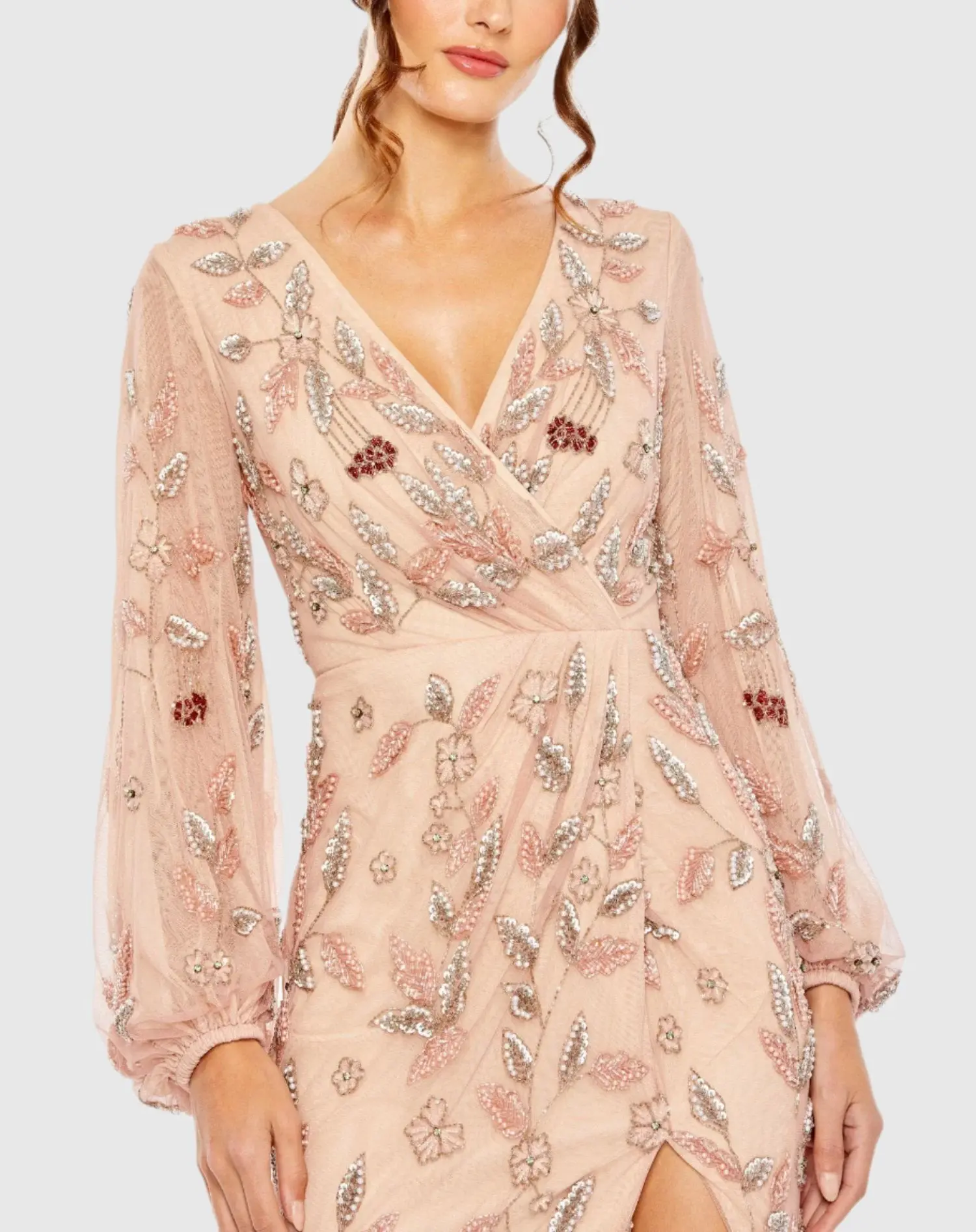 Pink Long Sleeve Floral Beaded Surplice Wrap Gown - FINAL SALE - Image 2