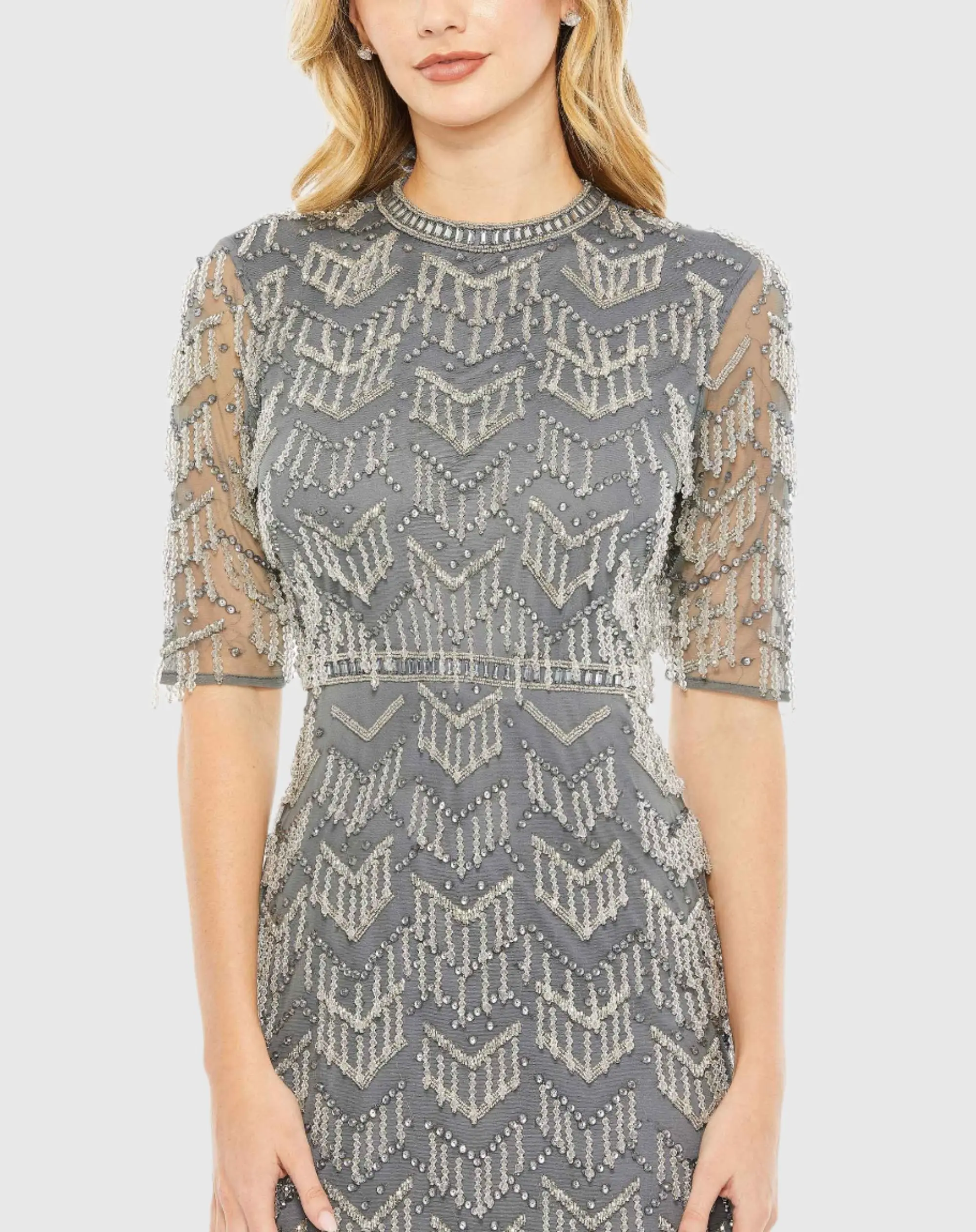 Gray Beaded Fringe Quarter Sleeve Column Gown - Image 2