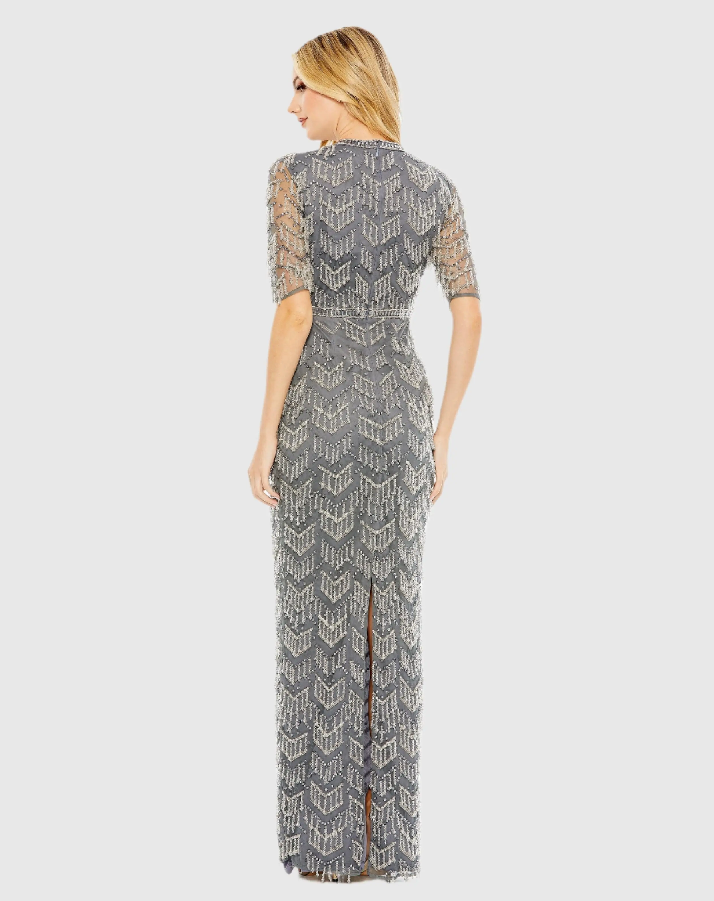 Gray Beaded Fringe Quarter Sleeve Column Gown - Image 3