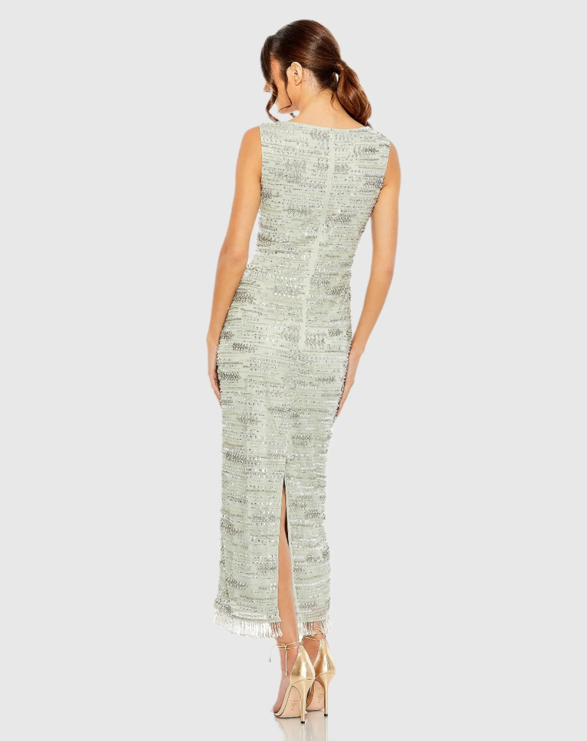 Green Sleeveless Crystal Fringe Column Dress - Image 3