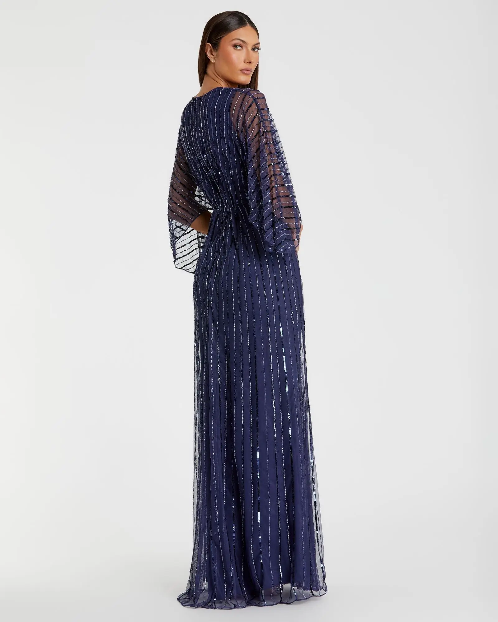 Navy Beaded Striping Kimono Sleeve V Neck Gown - FINAL SALE - Image 3