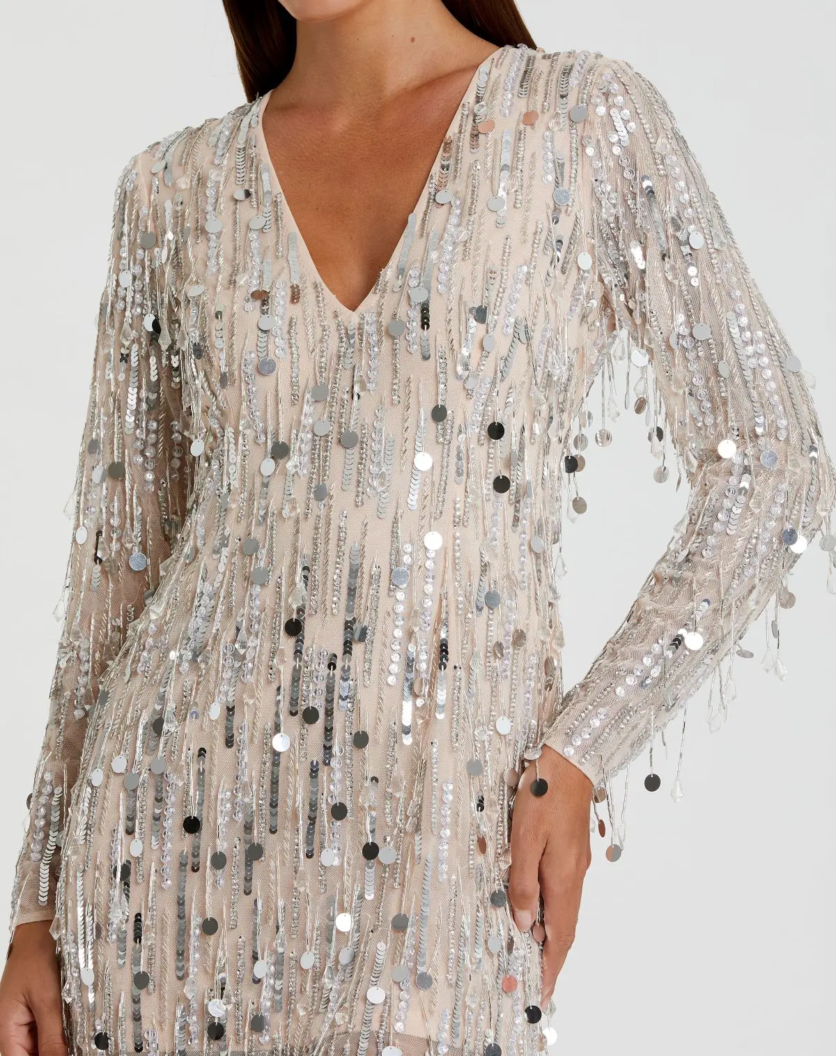 Silver Long Sleeve Beaded Fringe Plunge Neck Dress - Image 2