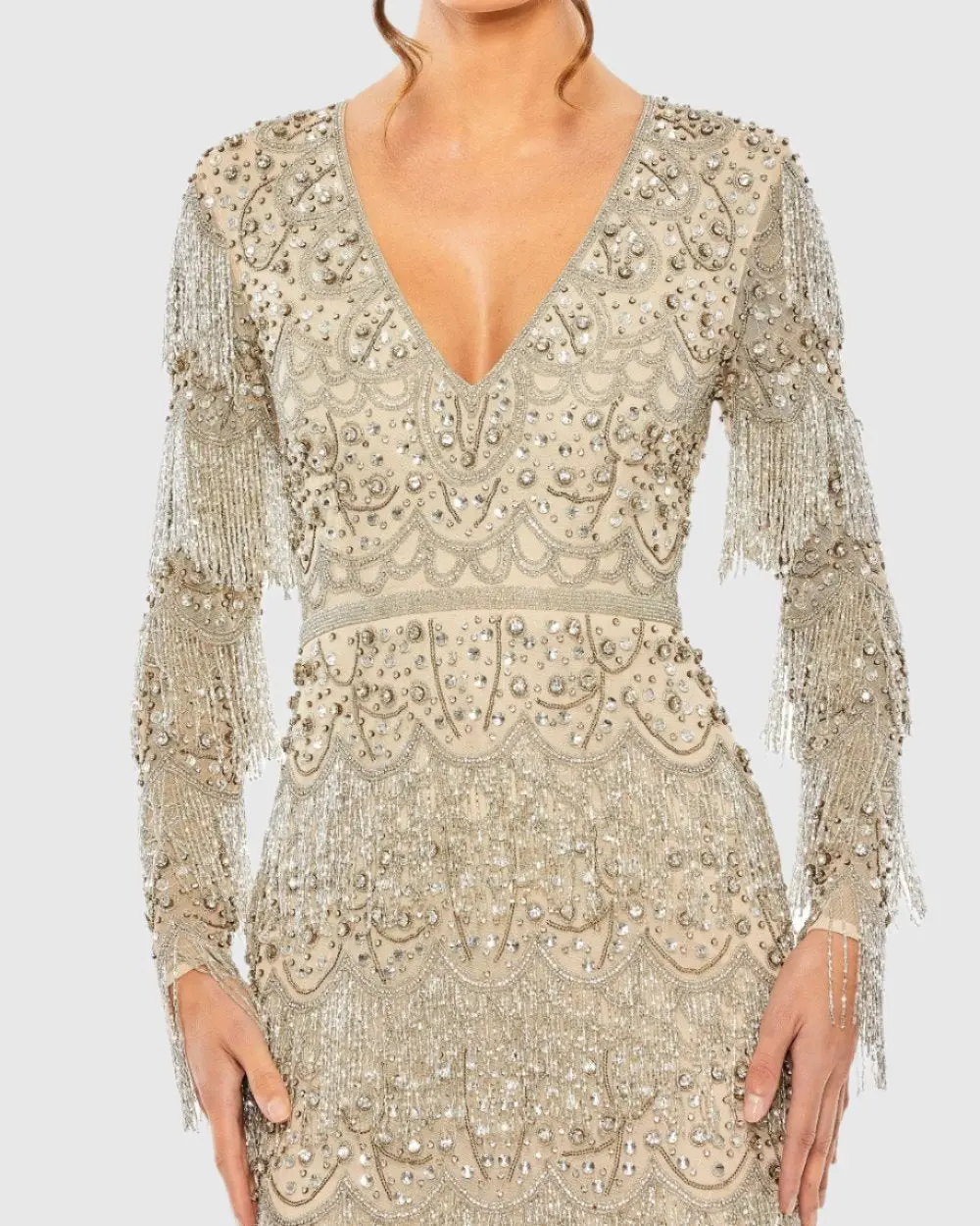 Beige V-Neck Beaded Fringe Embellished Sheath Dress - Image 2