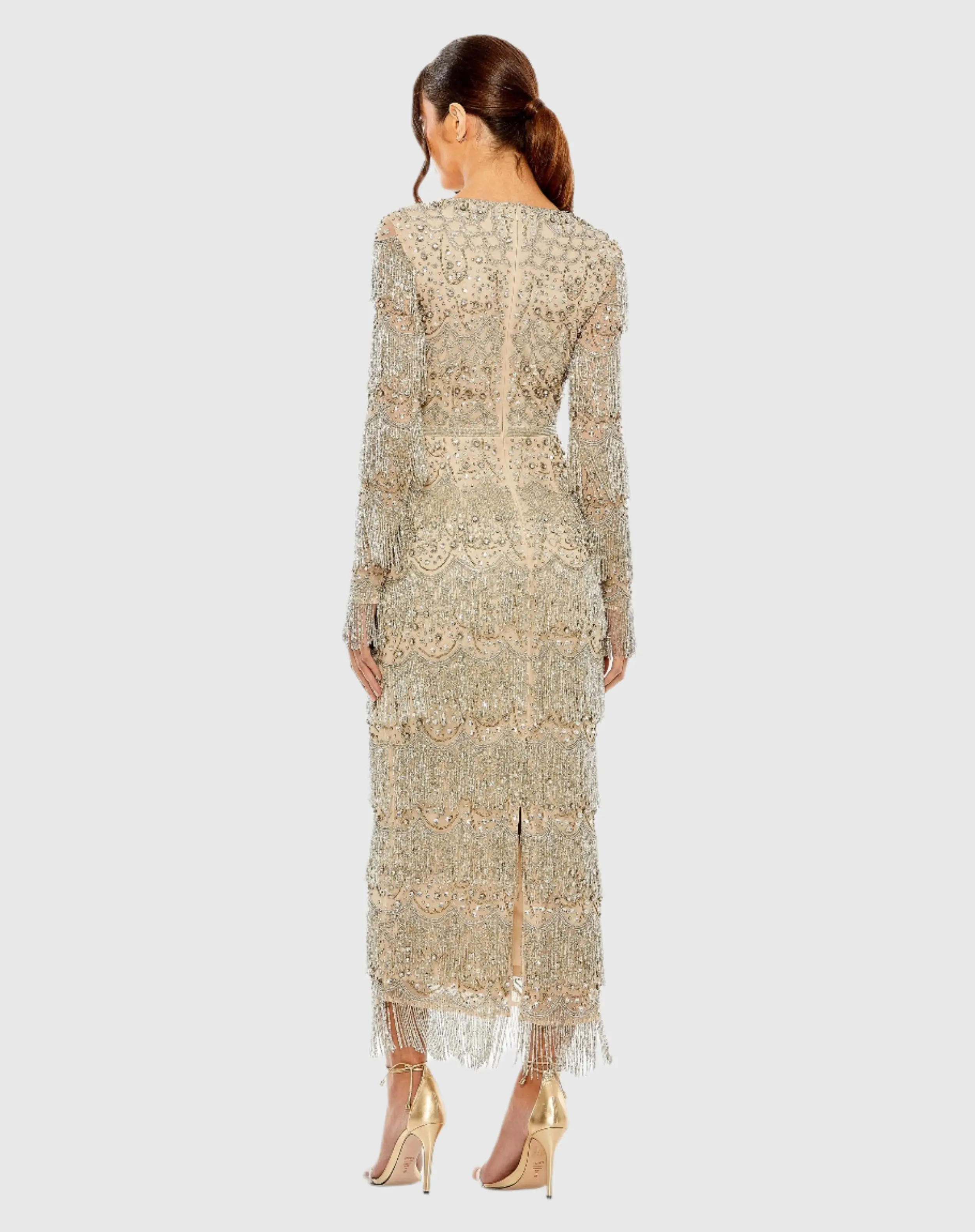 Beige V-Neck Beaded Fringe Embellished Sheath Dress - Image 3