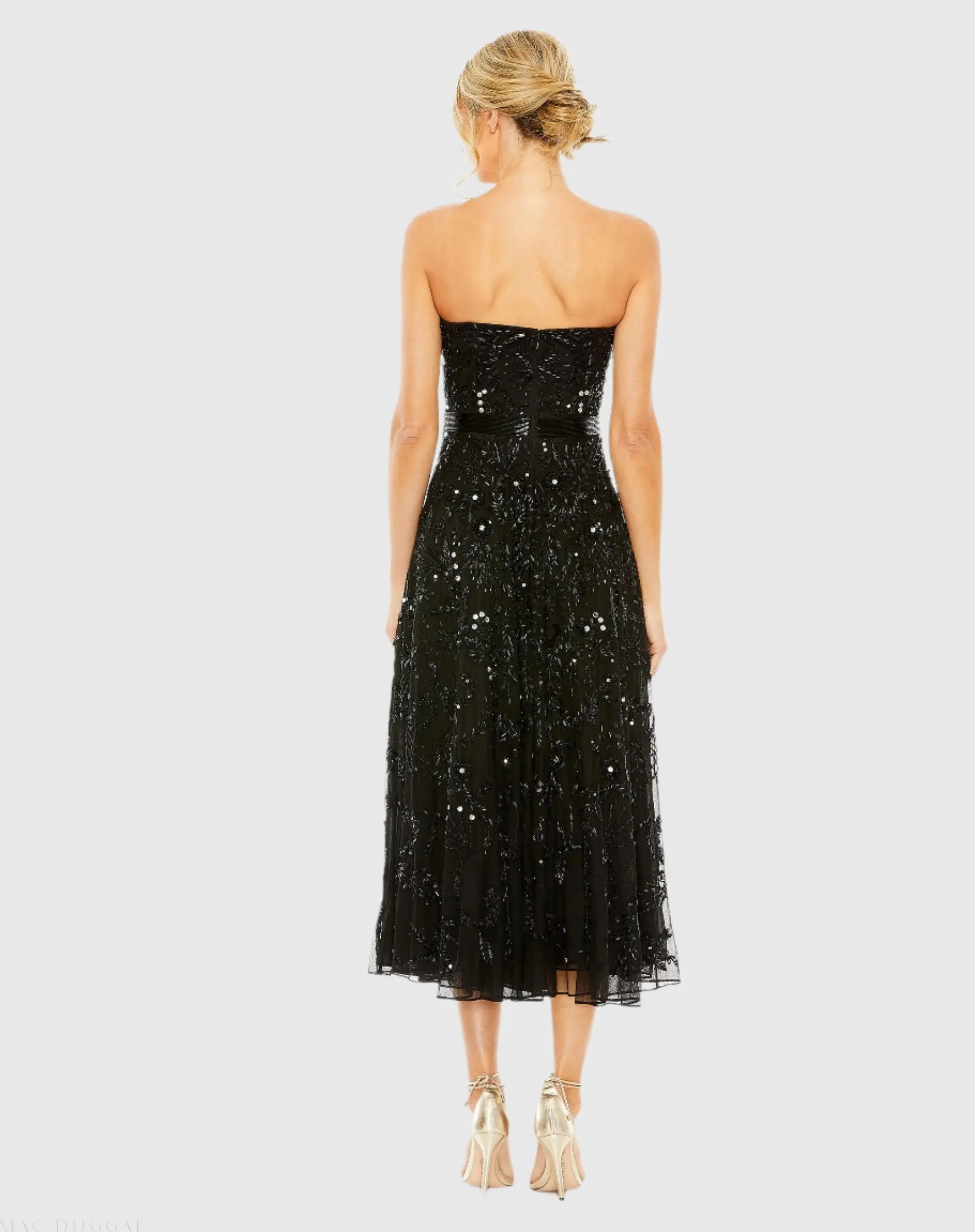 Black Strapless Embellished A Line Dress - Image 3