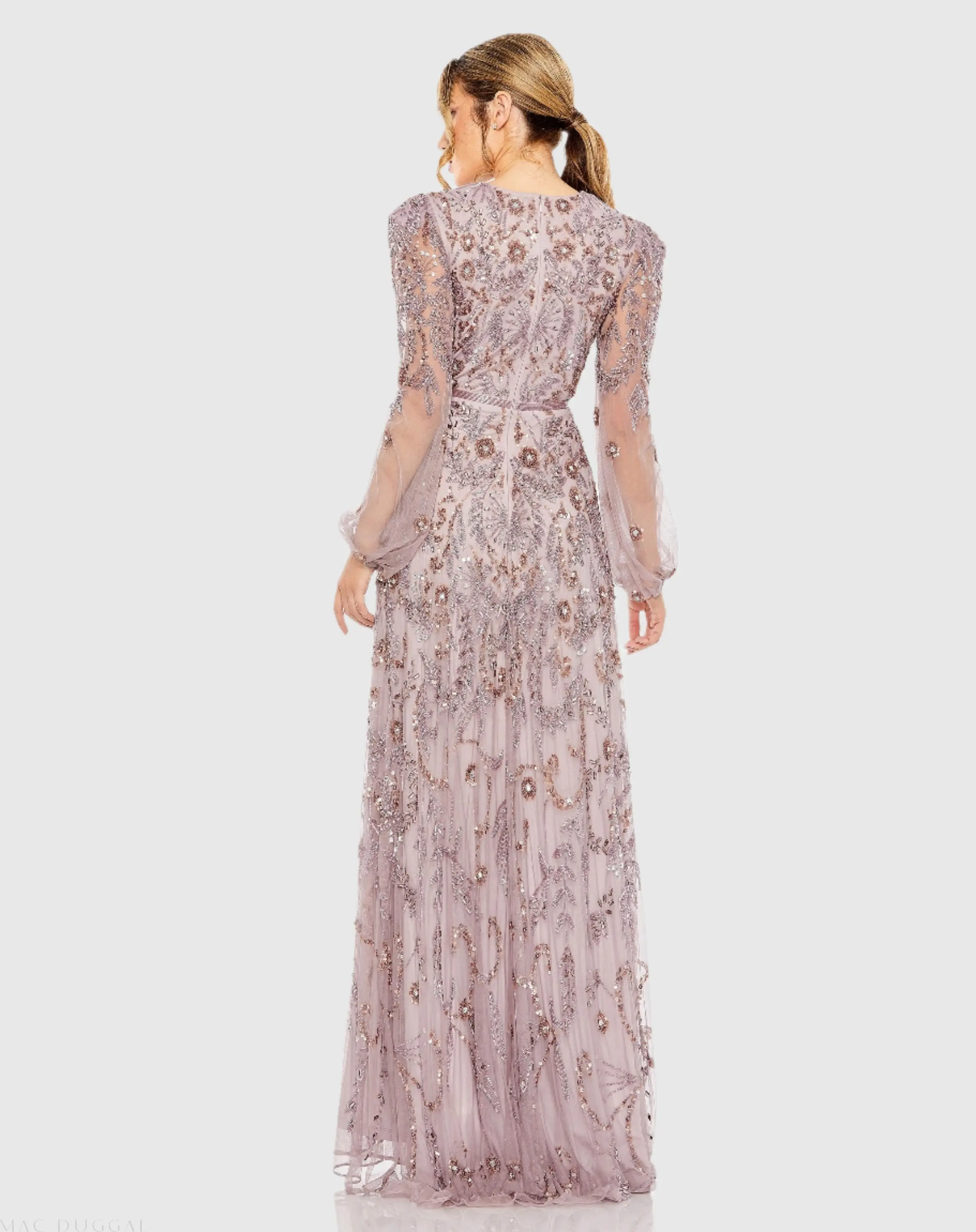 Purple Puff Sleeve Embellished A Line Gown - Image 3