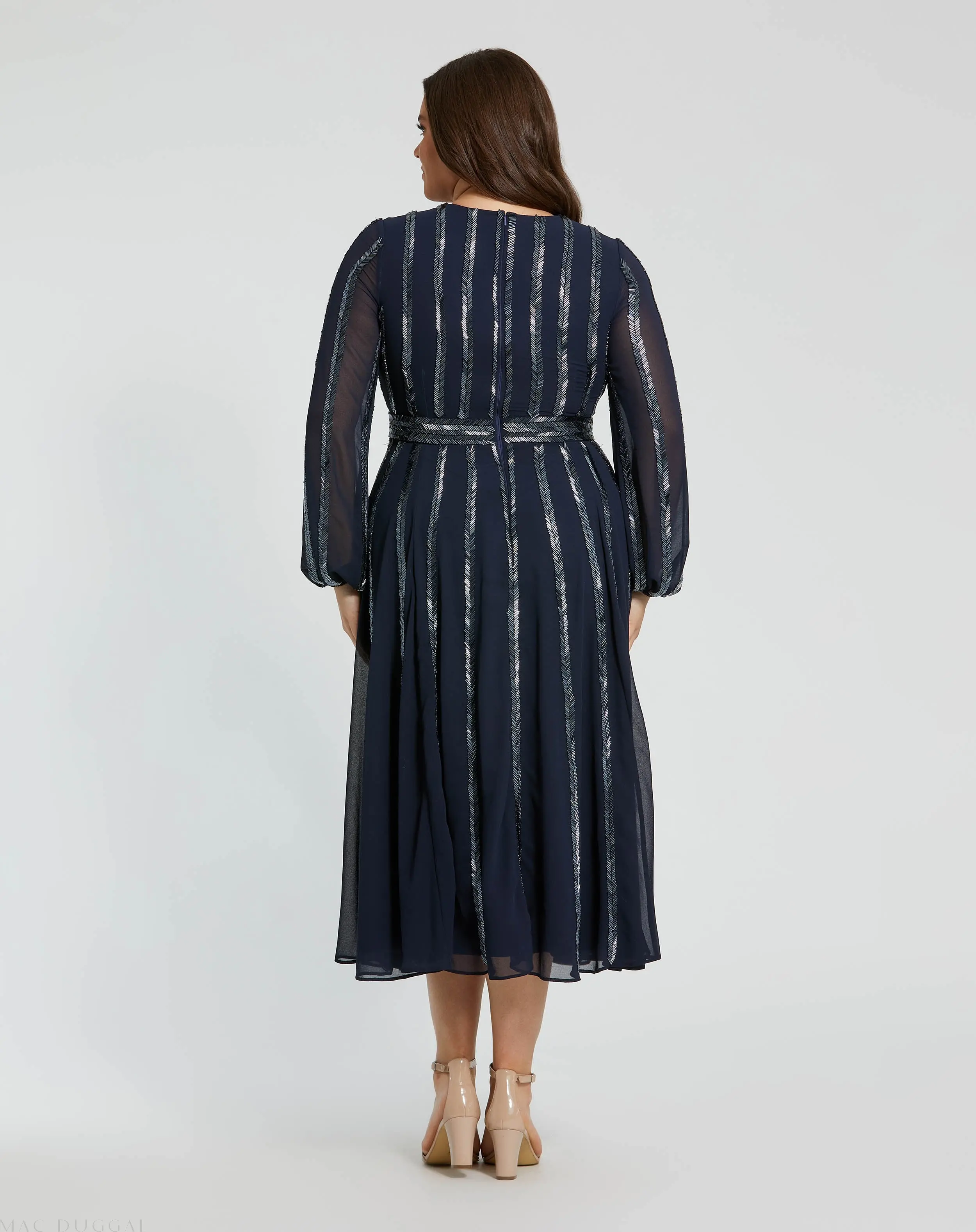 Navy Long Sheer Sleeve Sequin Dress (Plus) - Image 3