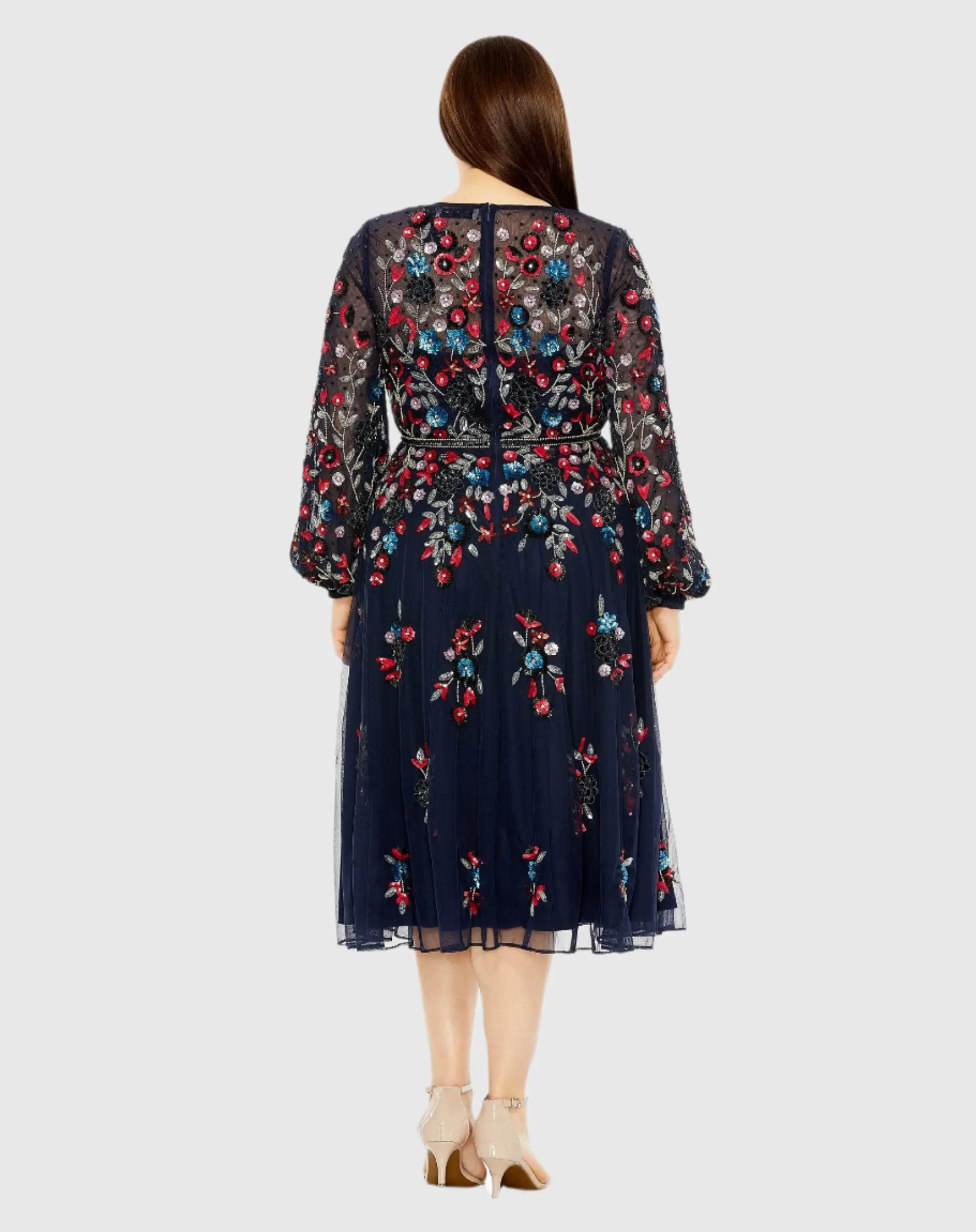 Navy Long Sleeve Beaded Cocktail Dress - Image 3
