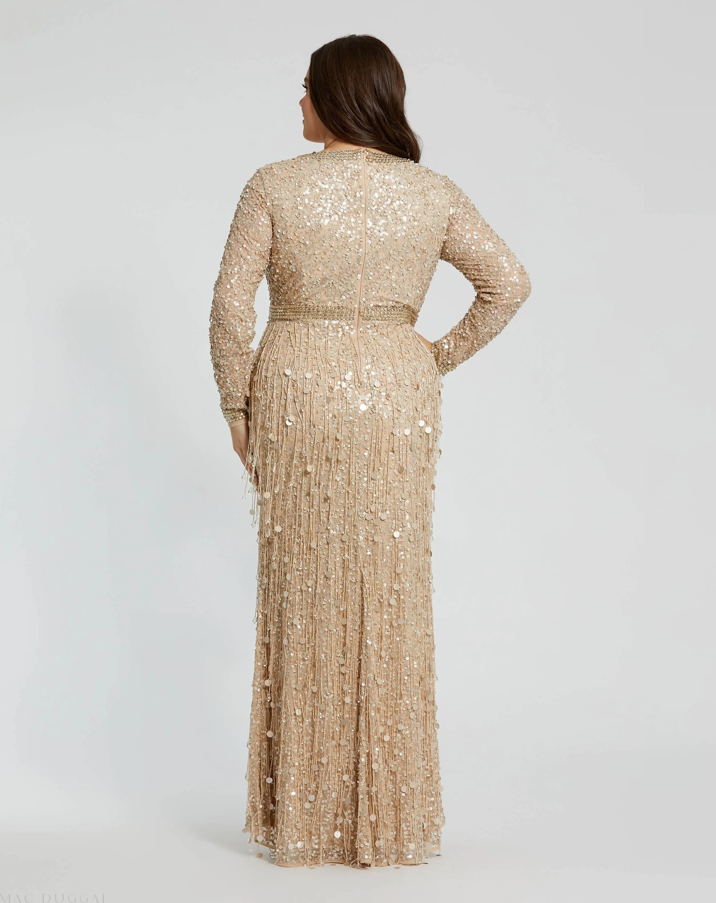 Beige Embellished Fringe Long Sleeve Gown (Plus) - Image 3
