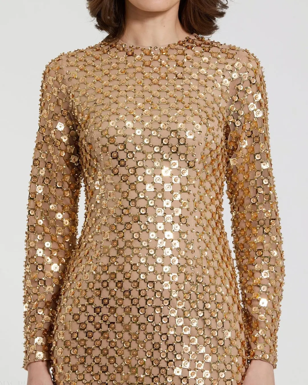 Gold Beaded Georgette Long Sleeve Fitted Midi Dress - FINAL SALE - Image 3