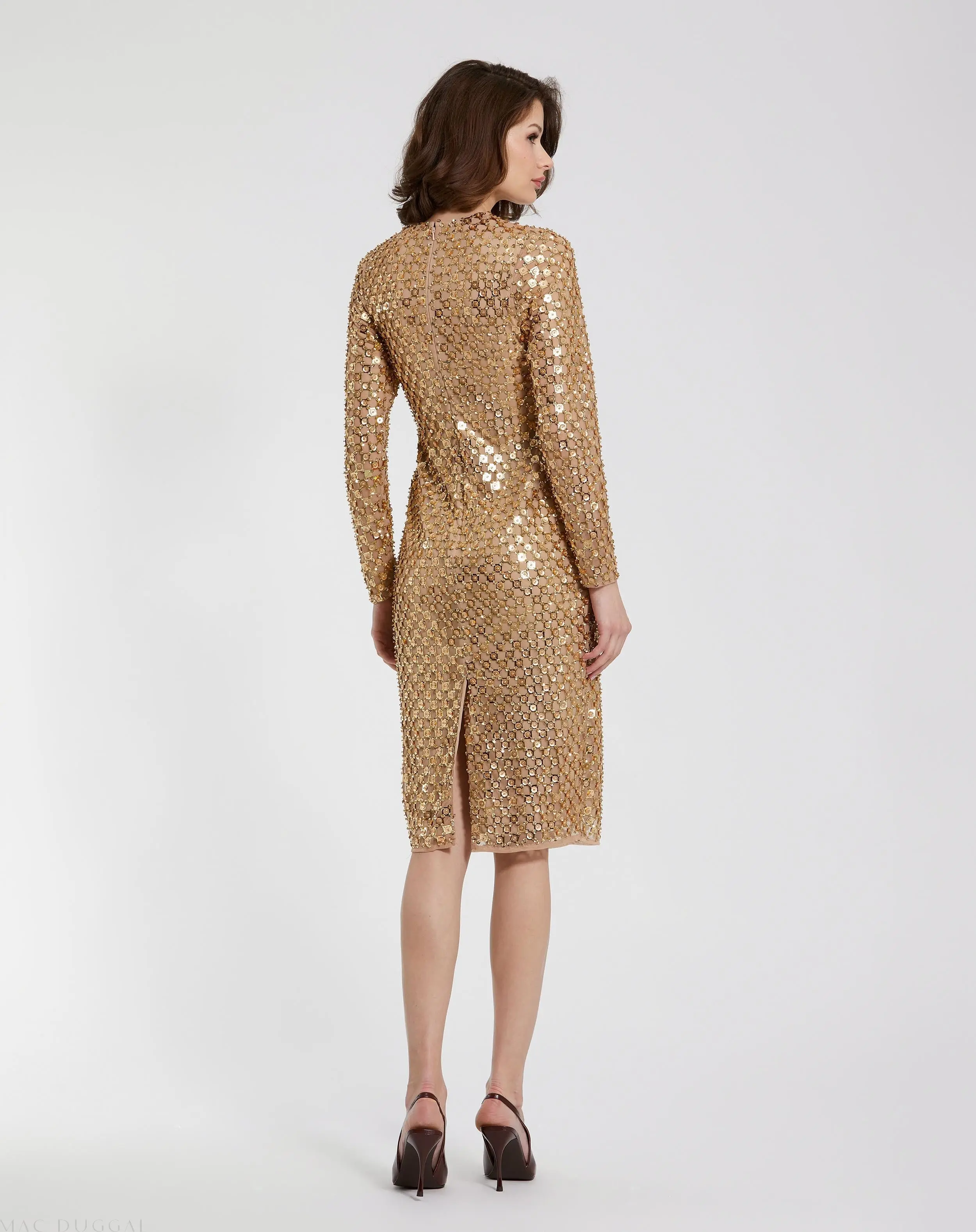 Gold Beaded Georgette Long Sleeve Fitted Midi Dress - FINAL SALE - Image 4