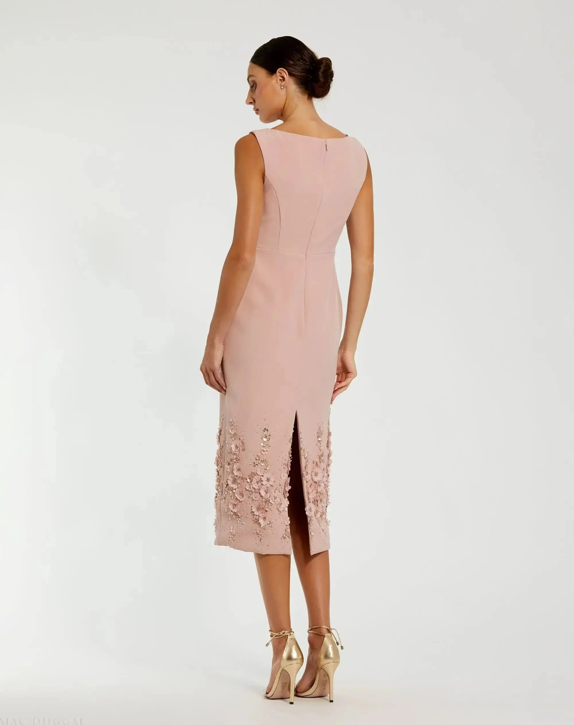 Petite Pink Crepe Sleeveless Midi Dress With Flower Beading - Image 3