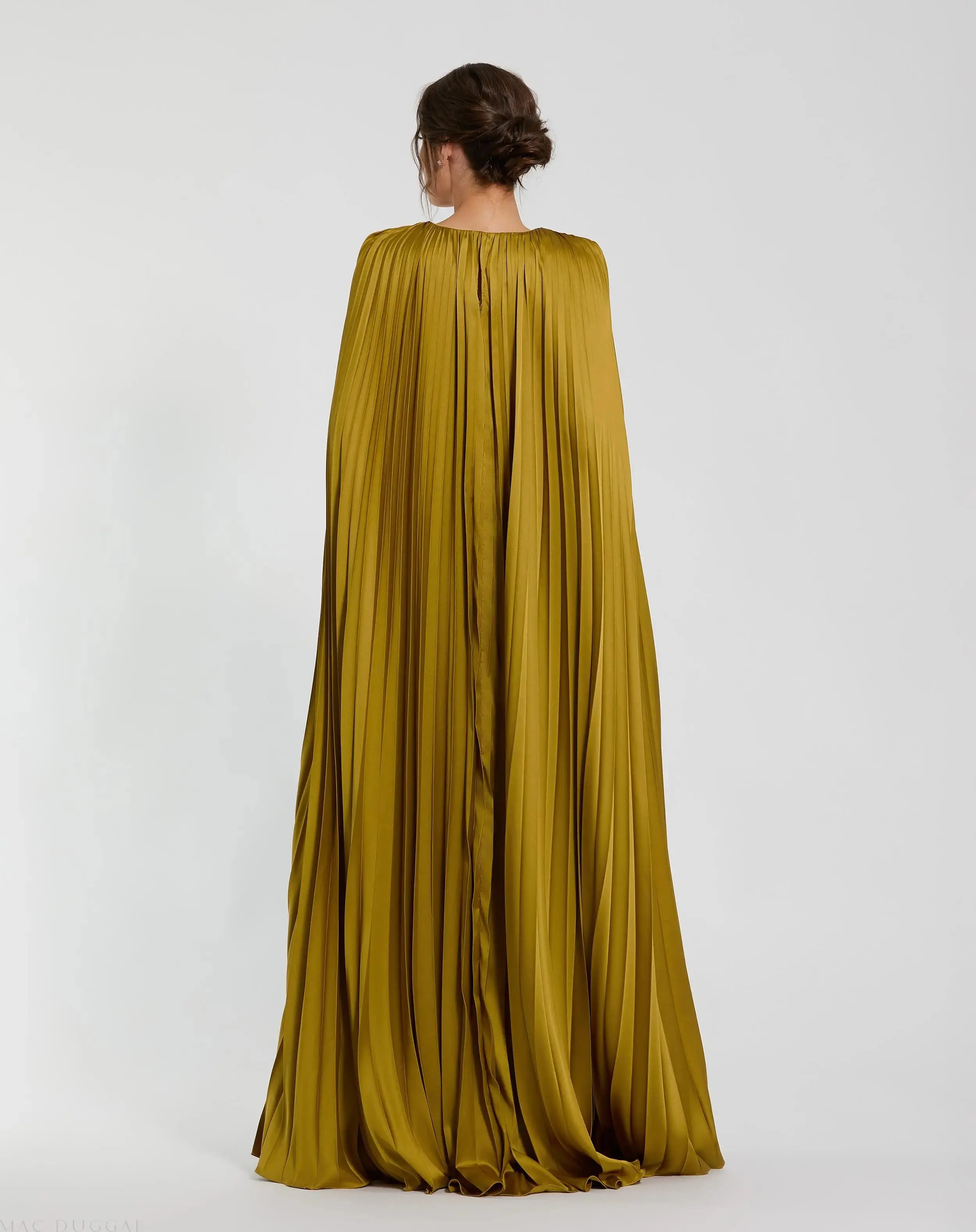 Petite Green Pleated Charmeuse V Neck Gown With Cape - Image 3