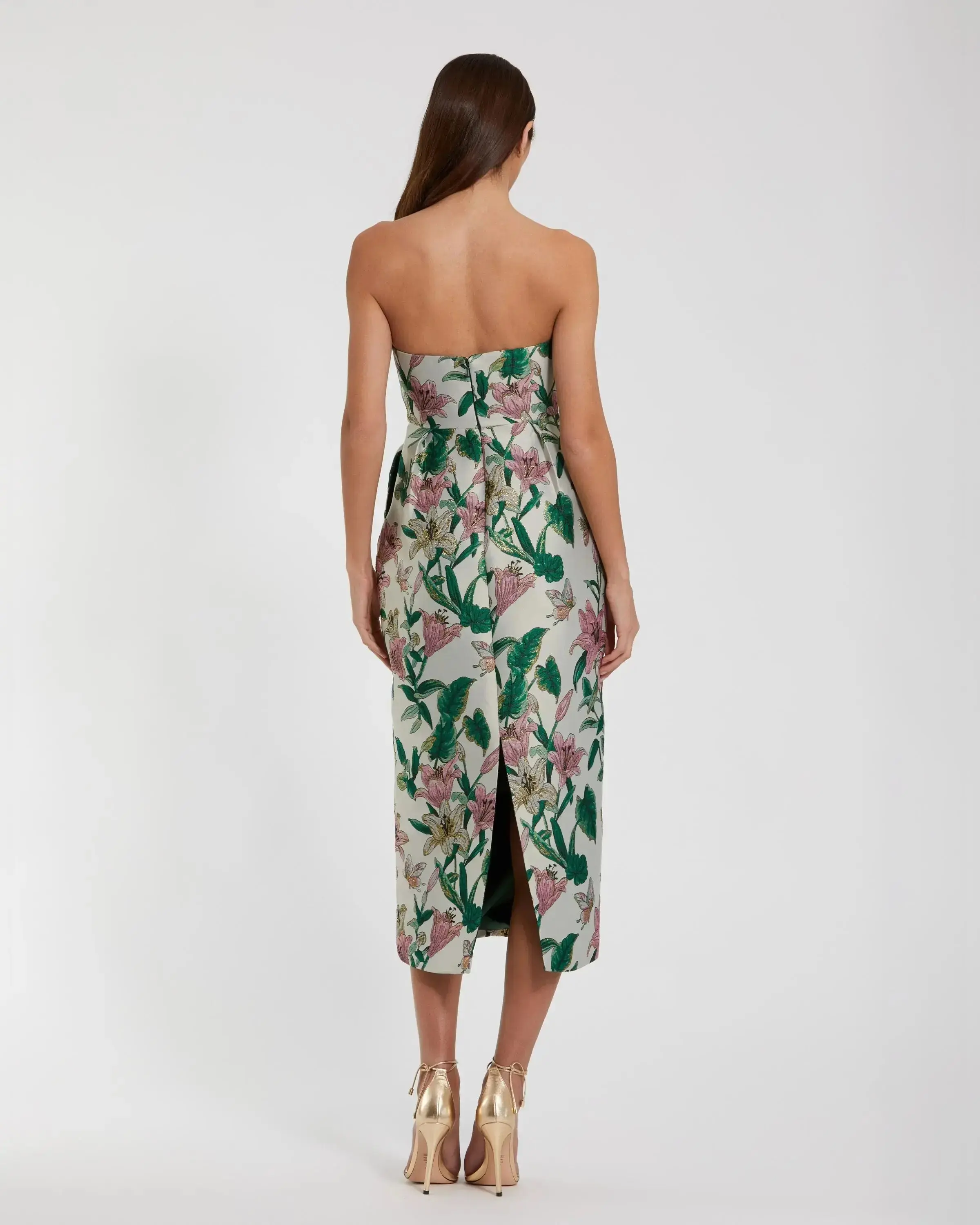 Petite Multicolor Floral Brocade Strapless Fitted Midi Dress - Image 3