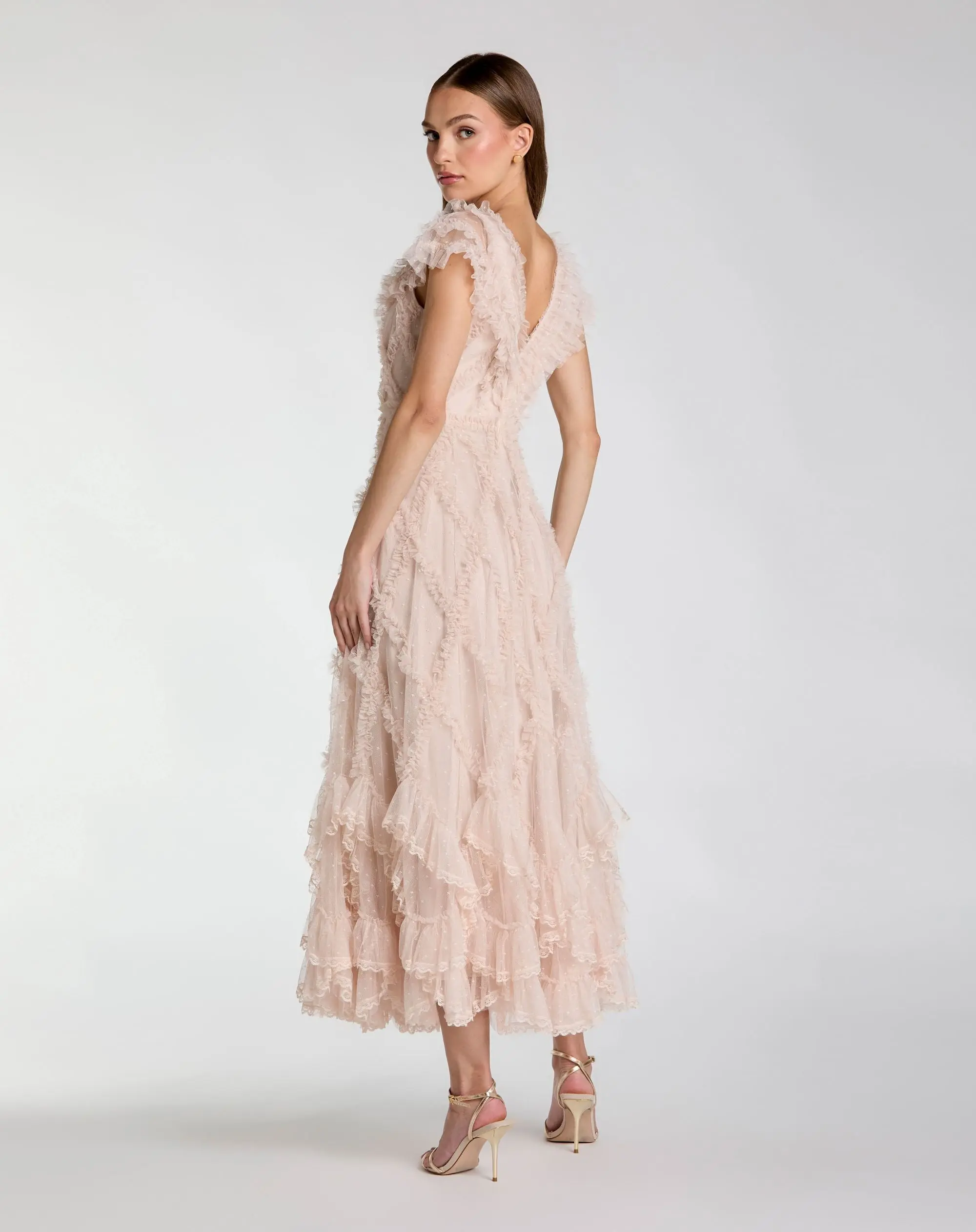 Petite Pink Micro Ruffle Cap Sleeve A-Line Midi Dress - Image 3