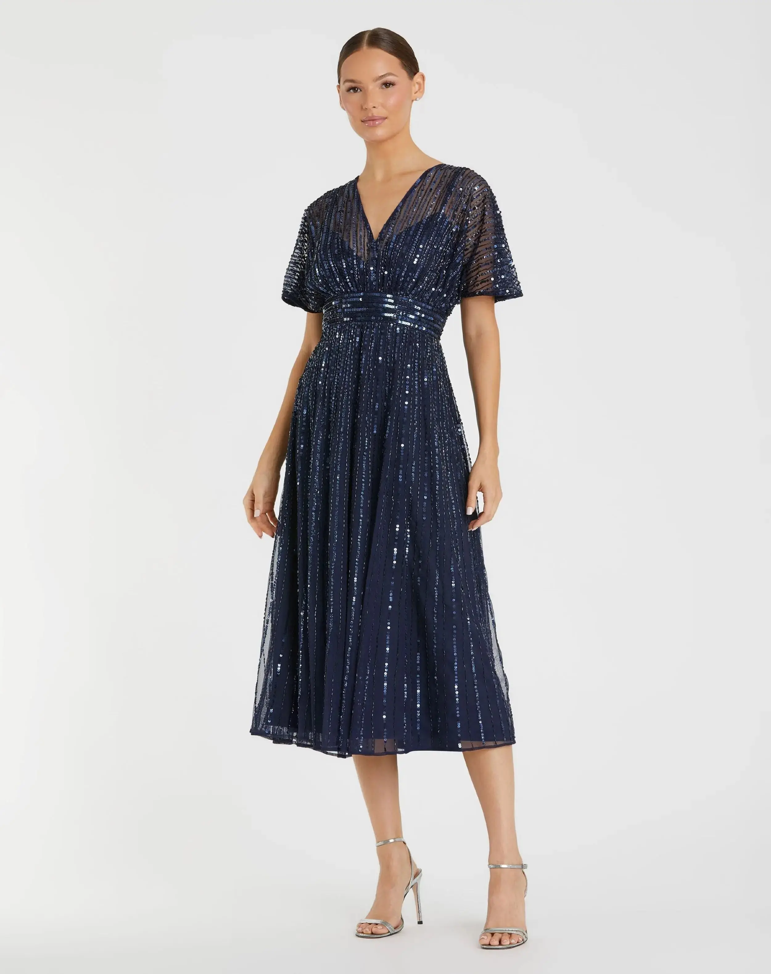 Navy Embellished Short Sleeve Empire Waist Dress