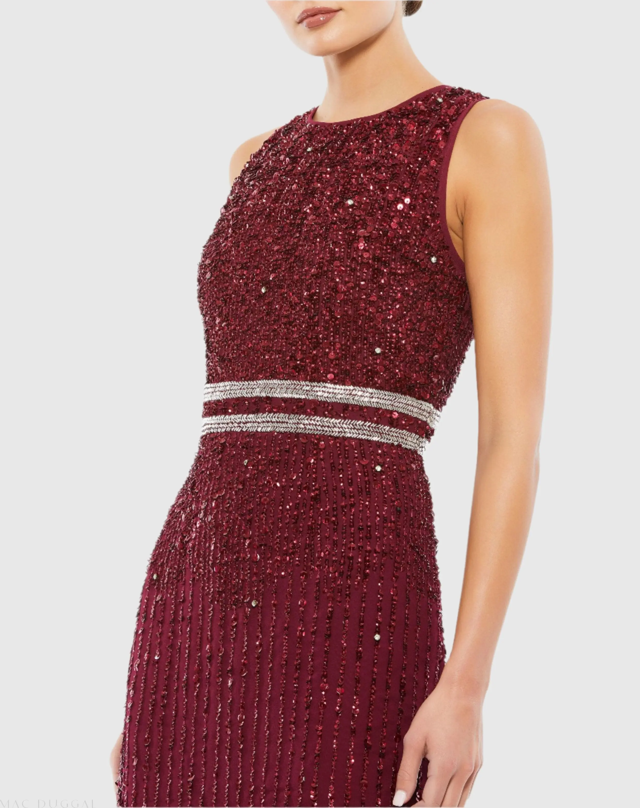 Dark Red Sleeveless High Neck Beaded Midi Sheath Dress - Image 2