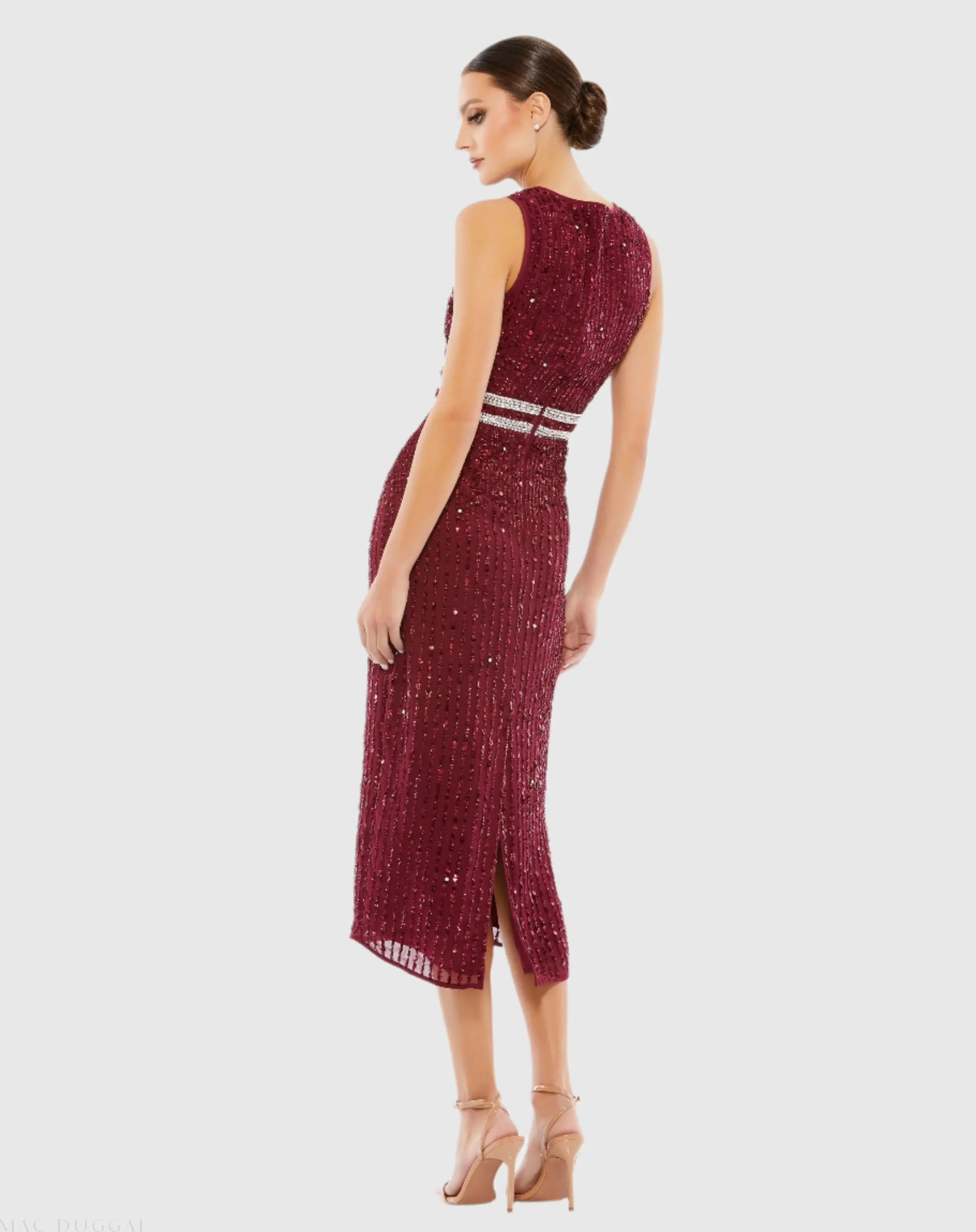 Dark Red Sleeveless High Neck Beaded Midi Sheath Dress - Image 3