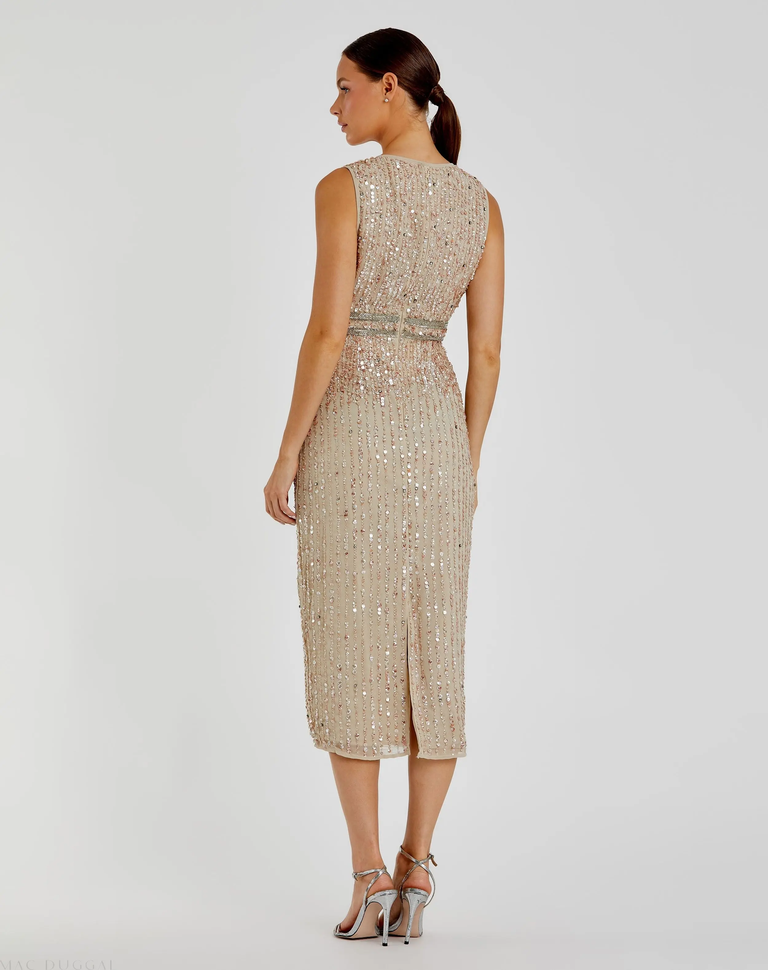 Nude Sleeveless High Neck Beaded Midi Sheath Dress - FINAL SALE - Image 3