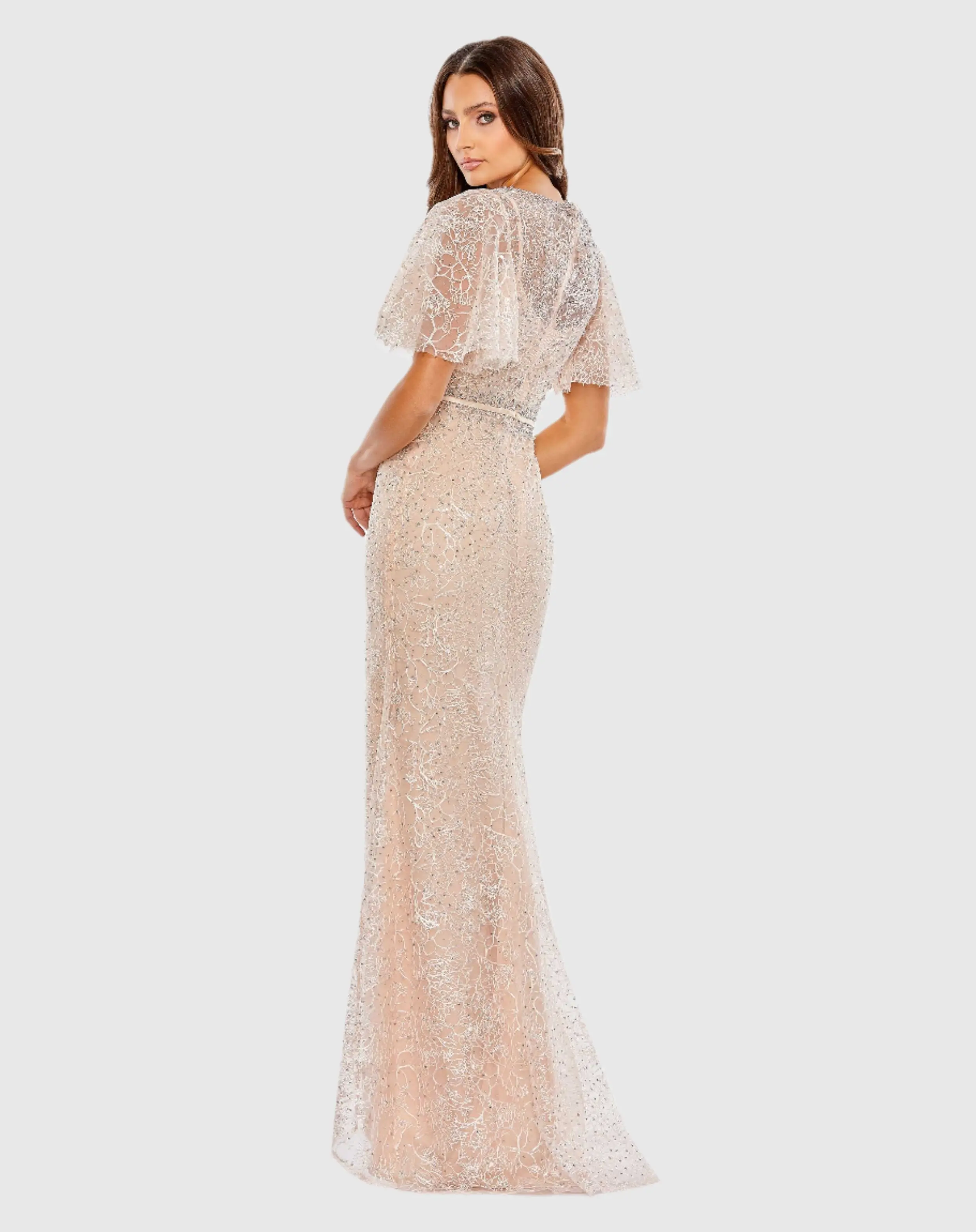Pink Embellished Neck Butterfly Sleeve Trumpet Gown - FINAL SALE - Image 3