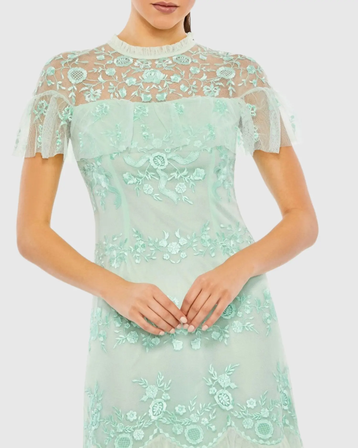 Green Embroidered Ruffled Cap Sleeve Midi Dress - Image 2