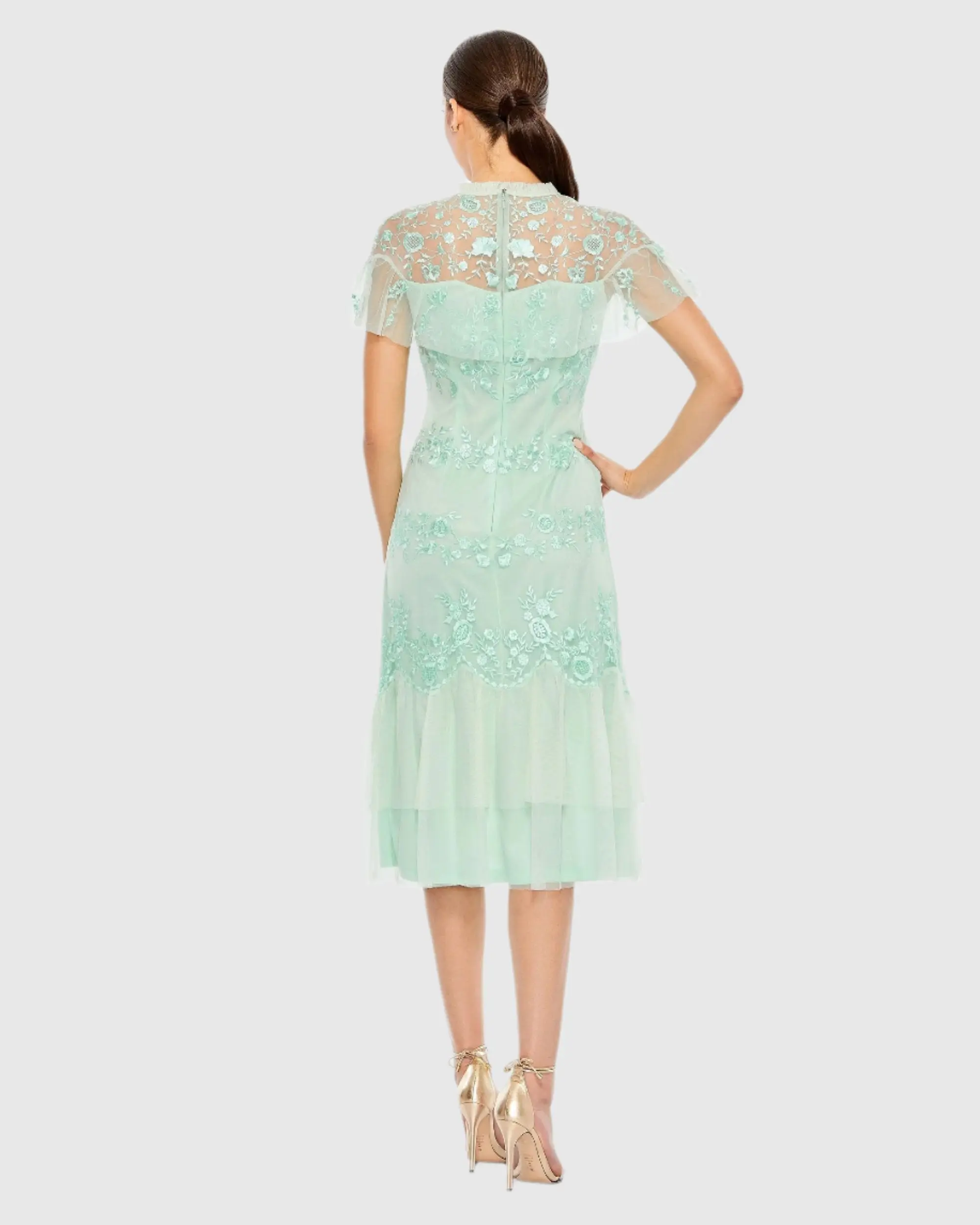 Green Embroidered Ruffled Cap Sleeve Midi Dress - Image 3
