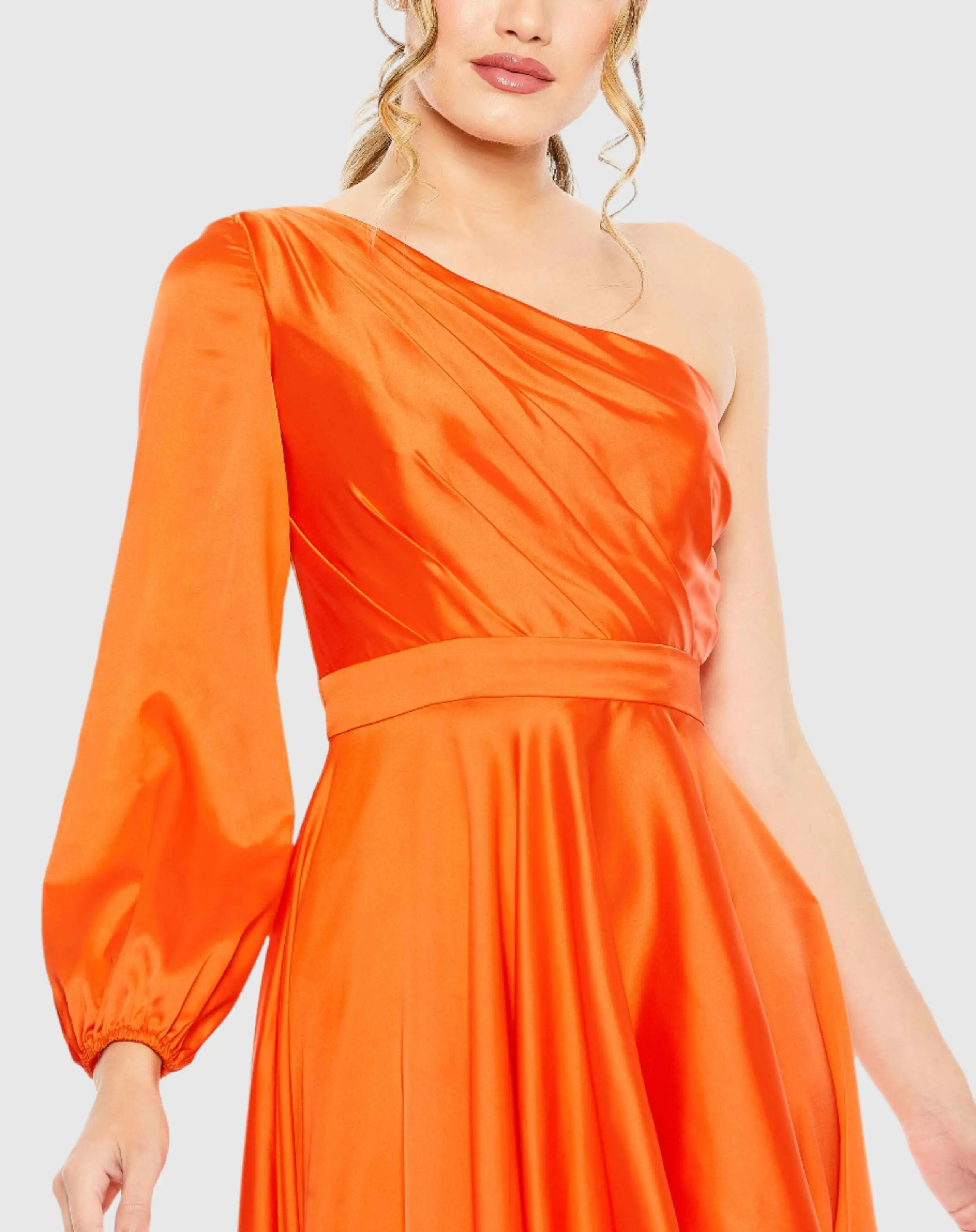Orange High Low One Shoulder Flowy Gown - Image 2
