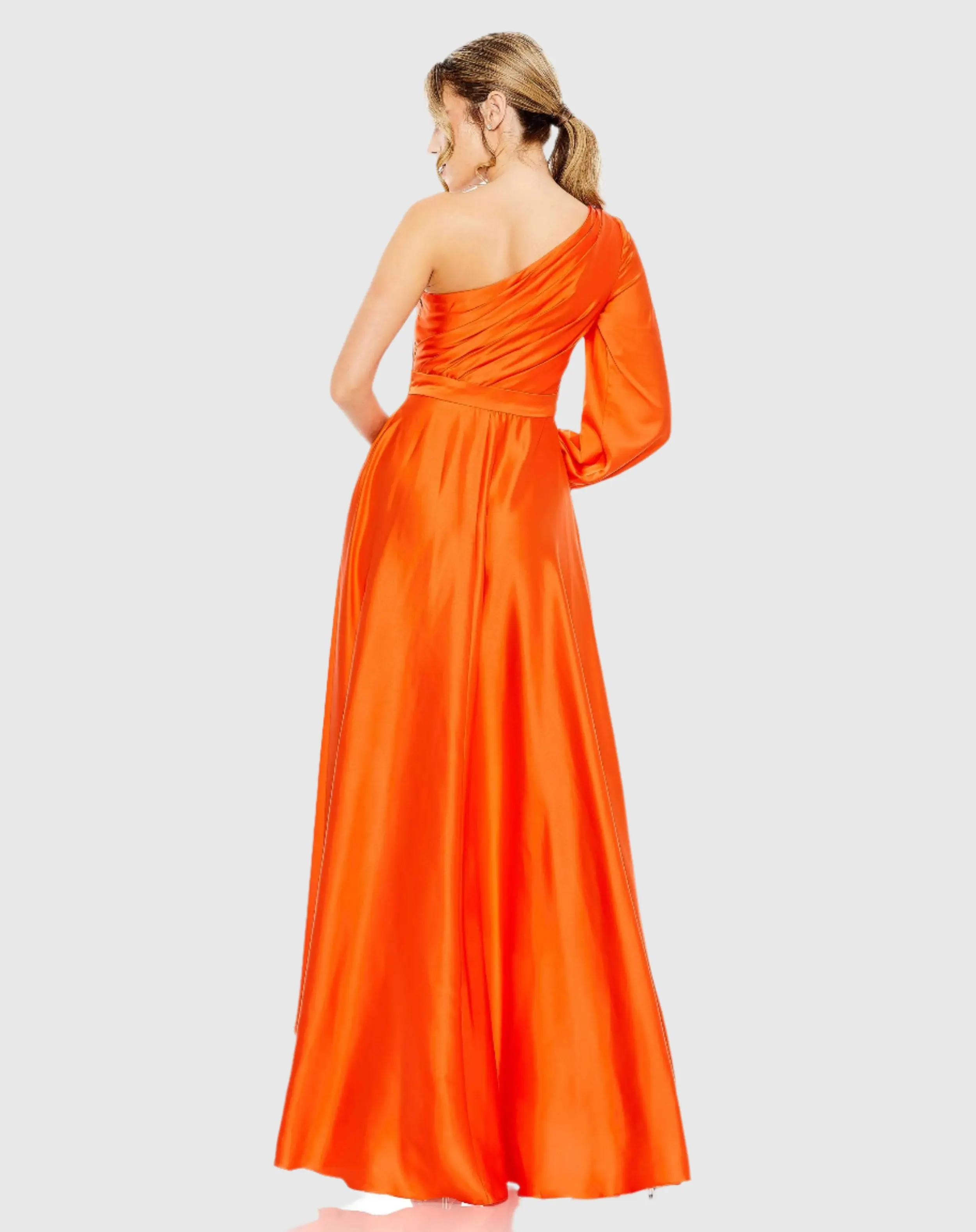 Orange High Low One Shoulder Flowy Gown - Image 3