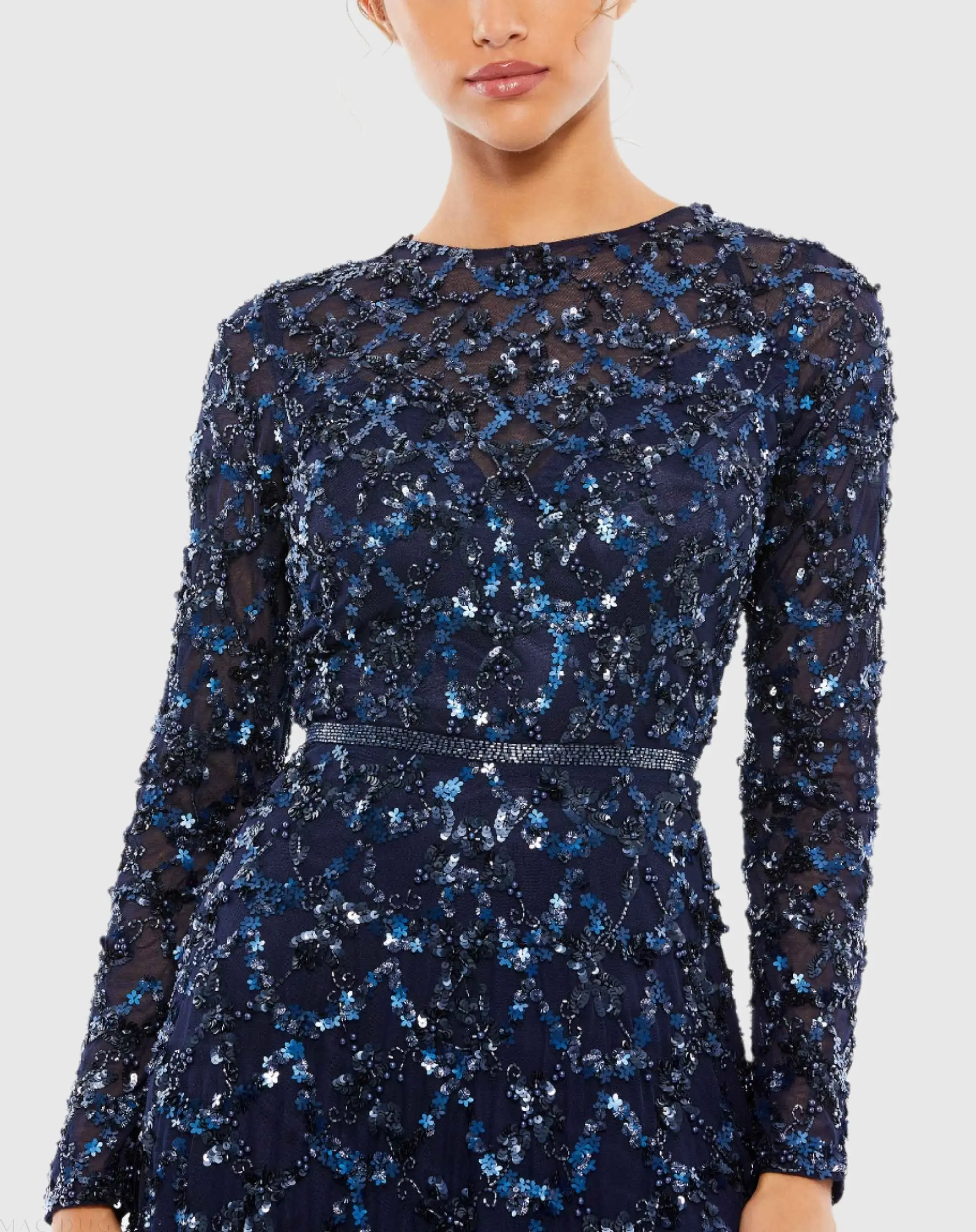Navy Embellished Illusion High Neck Long Sleeve A Line Gown - Image 2
