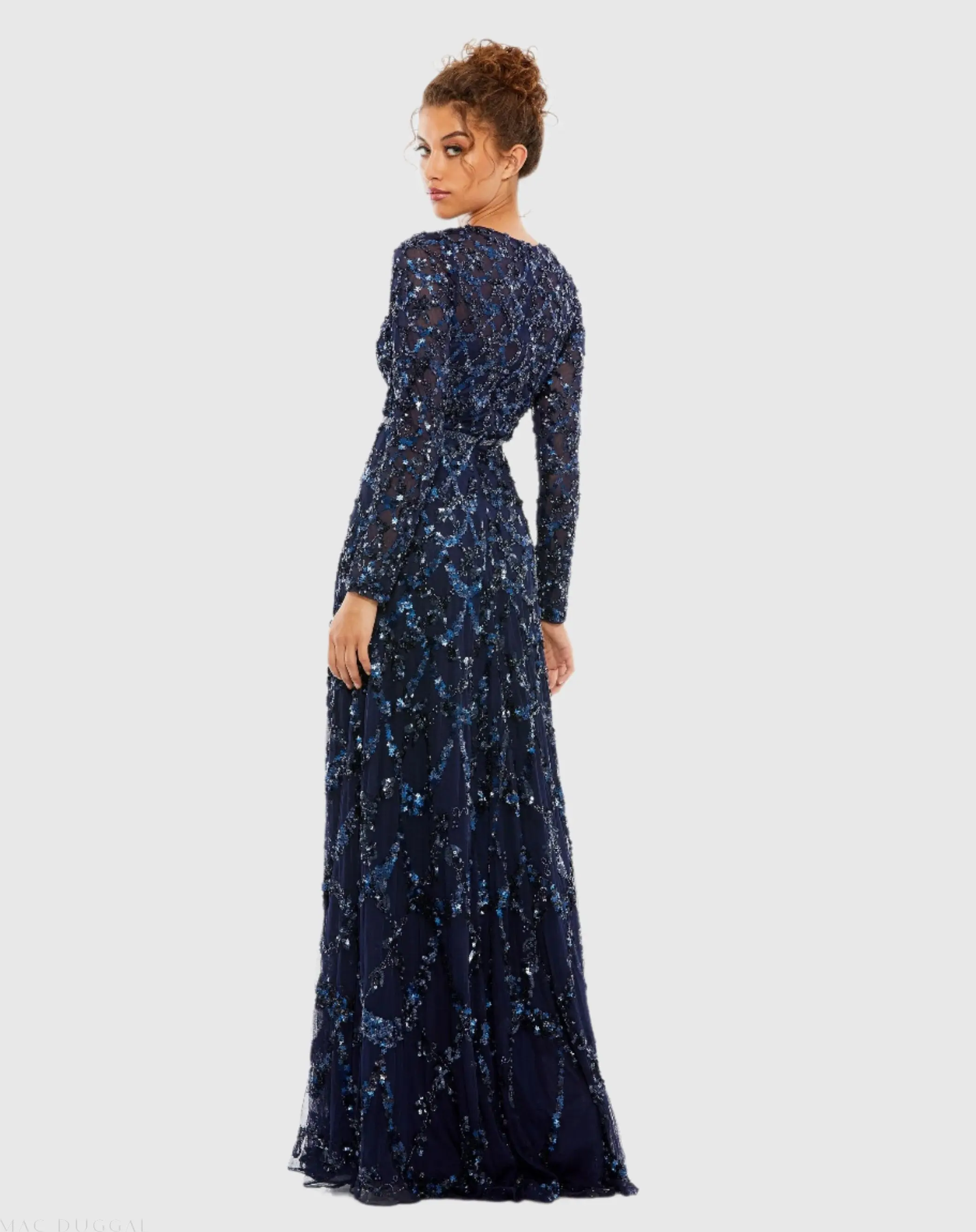 Navy Embellished Illusion High Neck Long Sleeve A Line Gown - Image 4