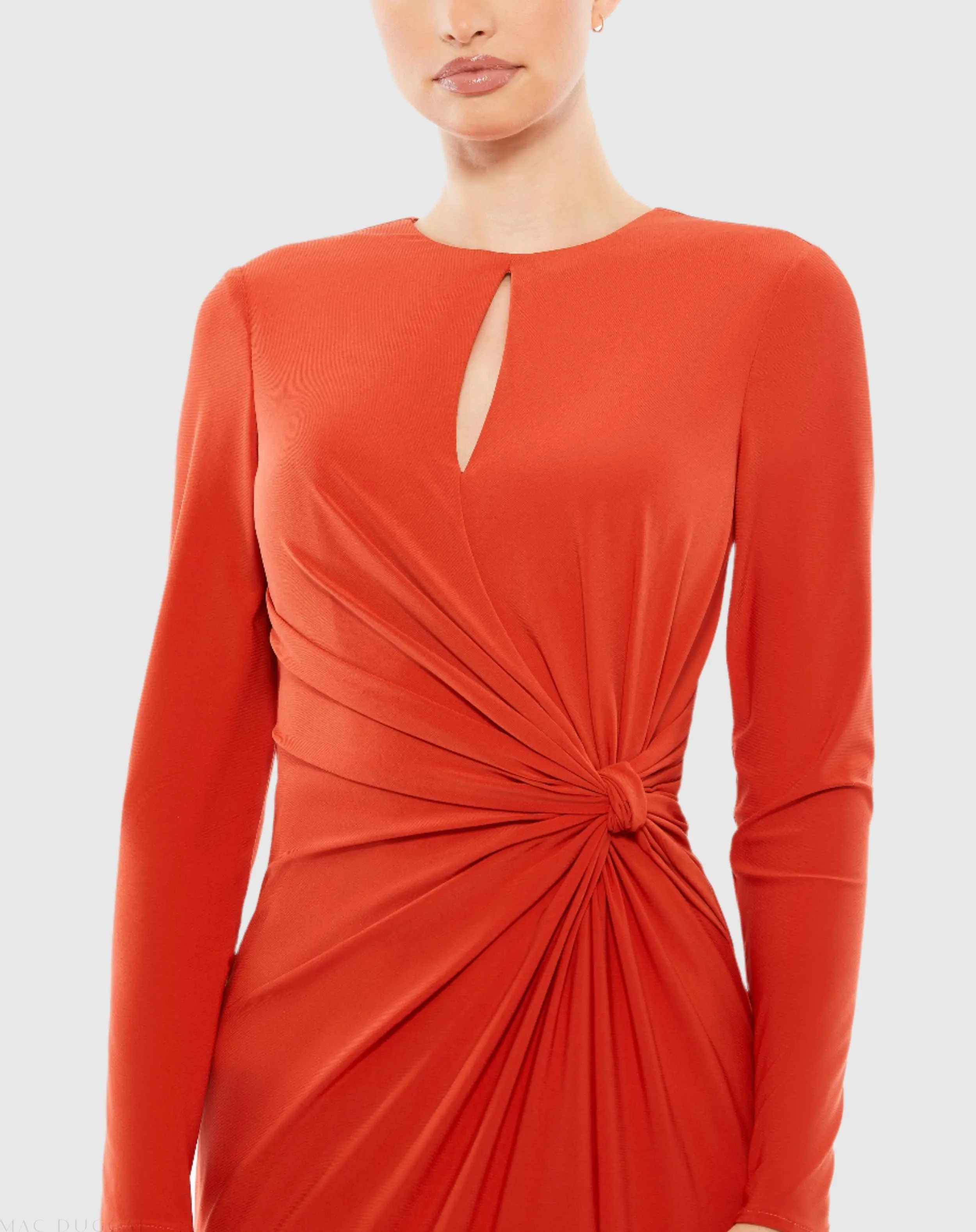 Red Long Sleeve Keyhole Draped Gown - Image 2