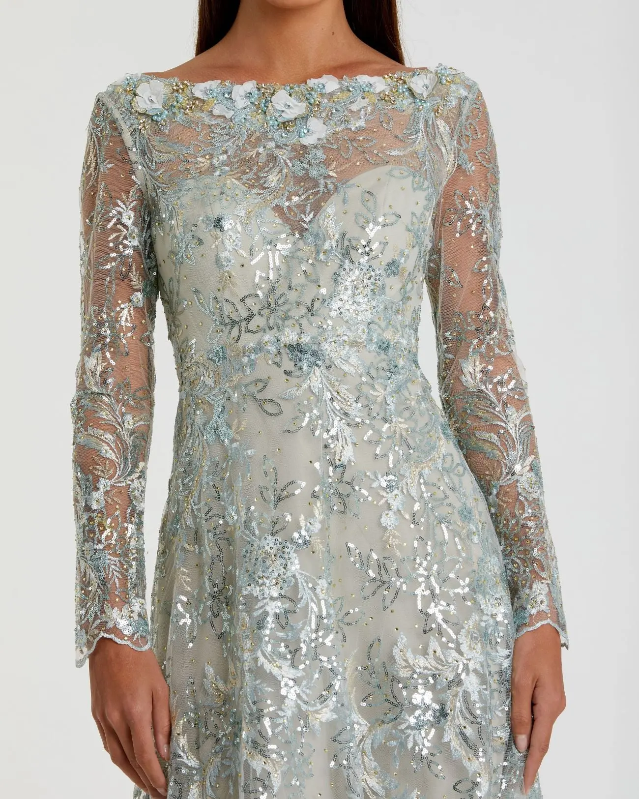 Green Floral Embroidered Illusion Long Sleeve Gown - Image 2