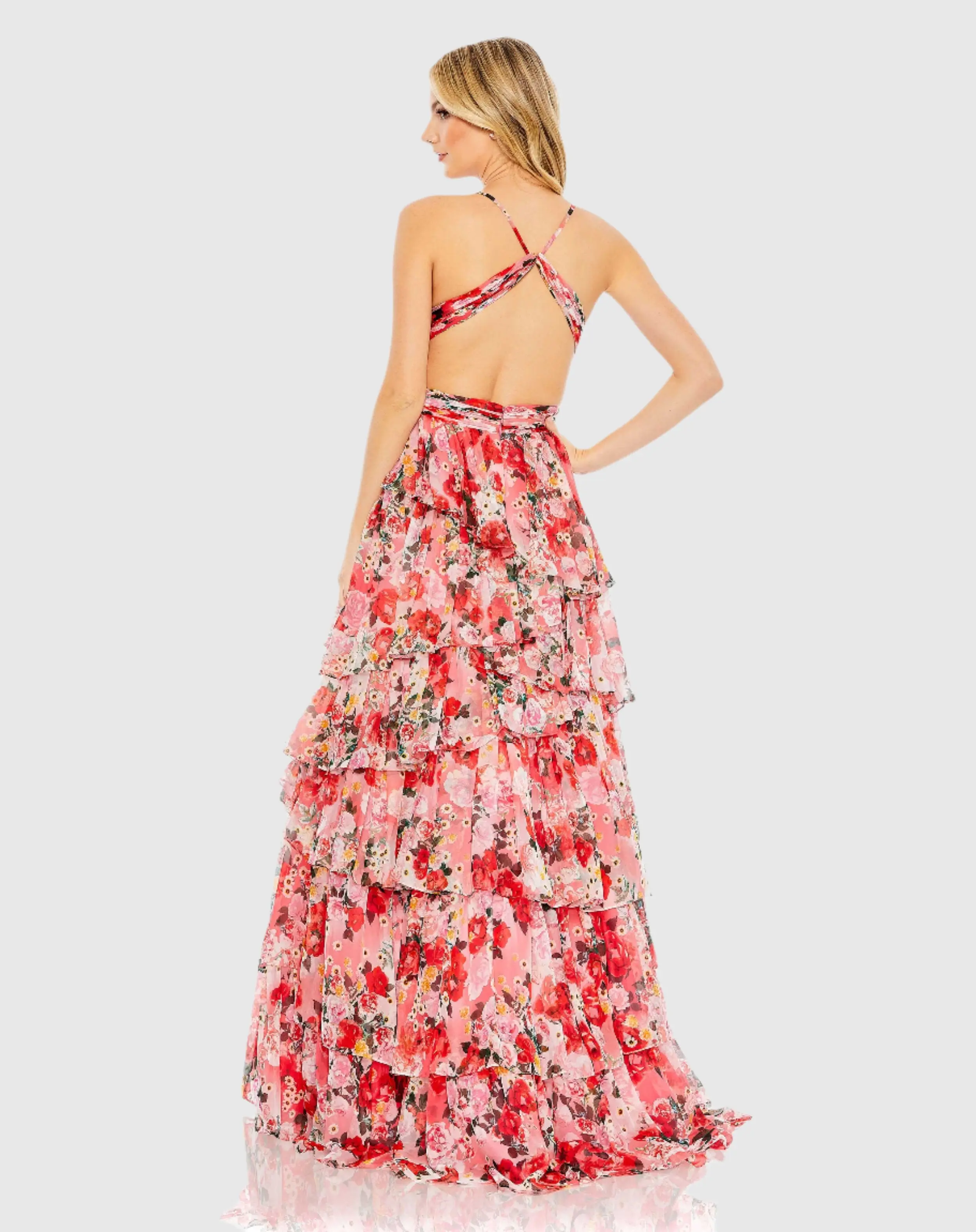 Red Pleated Chiffon Cut Out Ballgown - Image 3