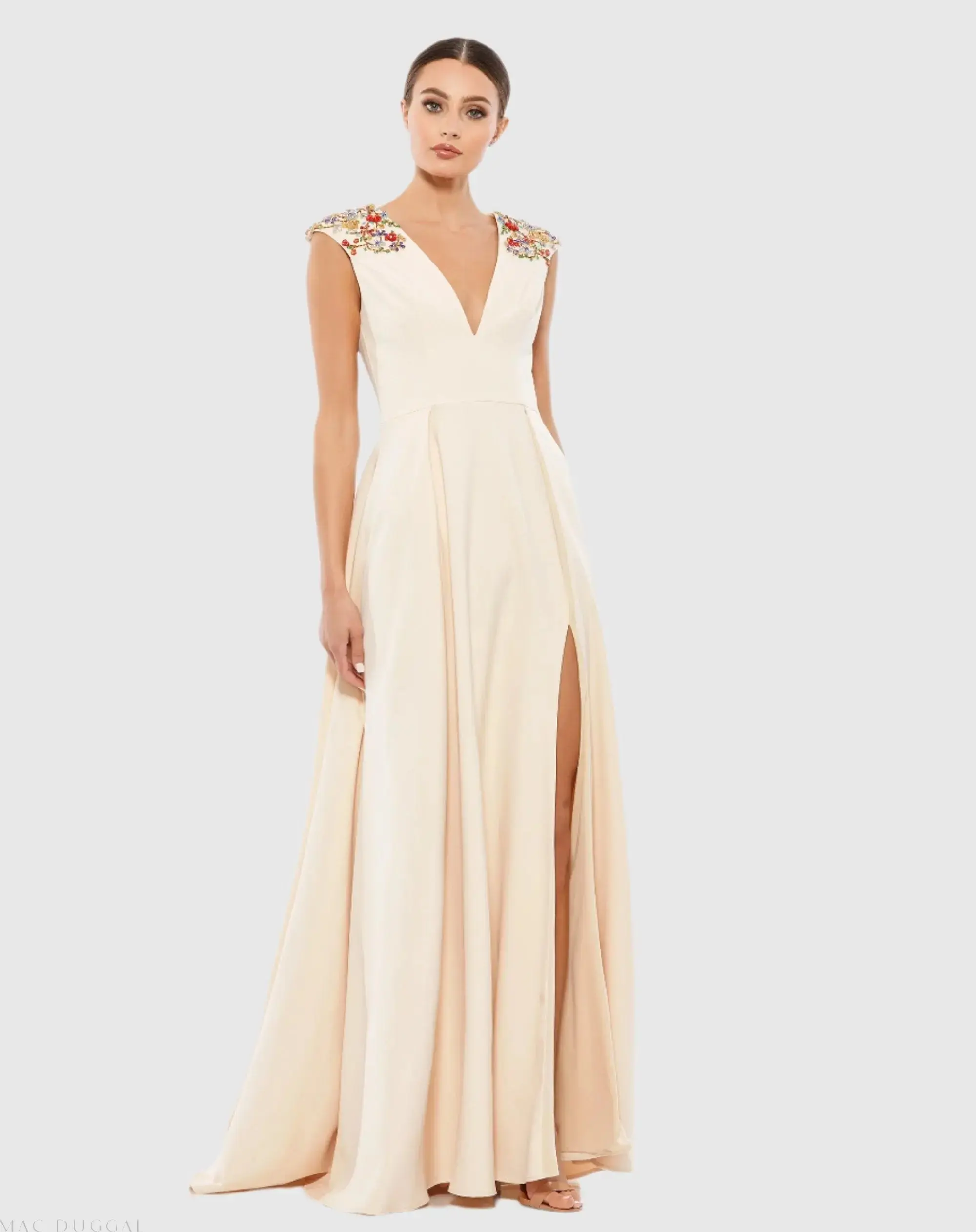 Beaded Cap Sleeve V Neck A Line Gown - Image 2