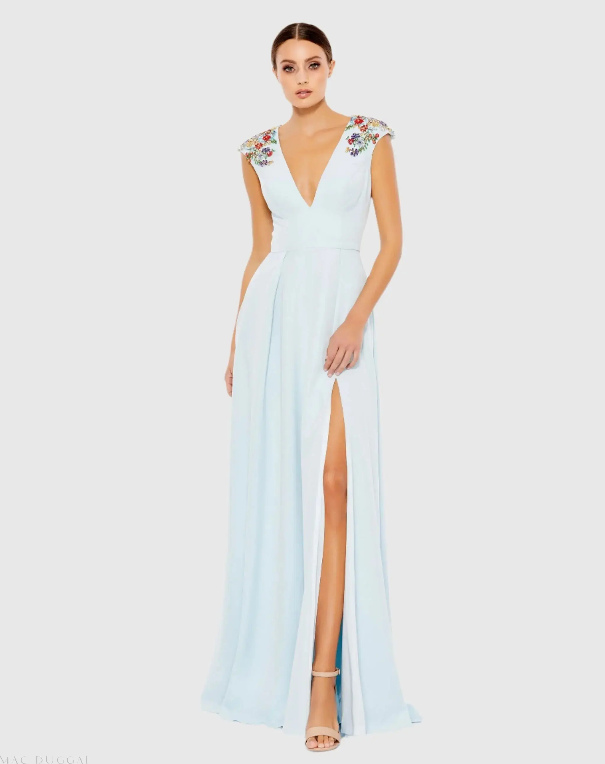 Beaded Cap Sleeve V Neck A Line Gown - Image 5