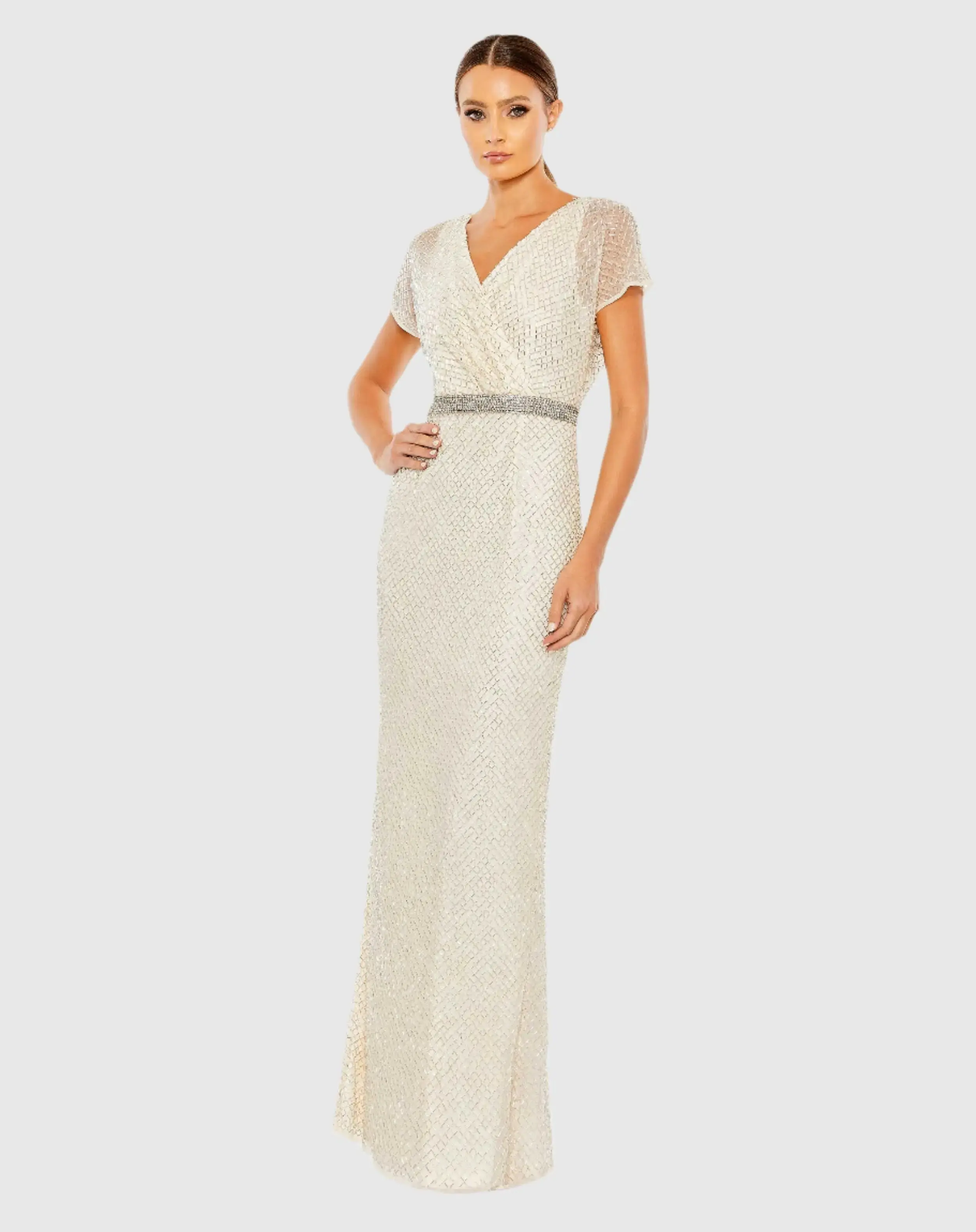 White Beaded Short Sleeve Column Gown - FINAL SALE