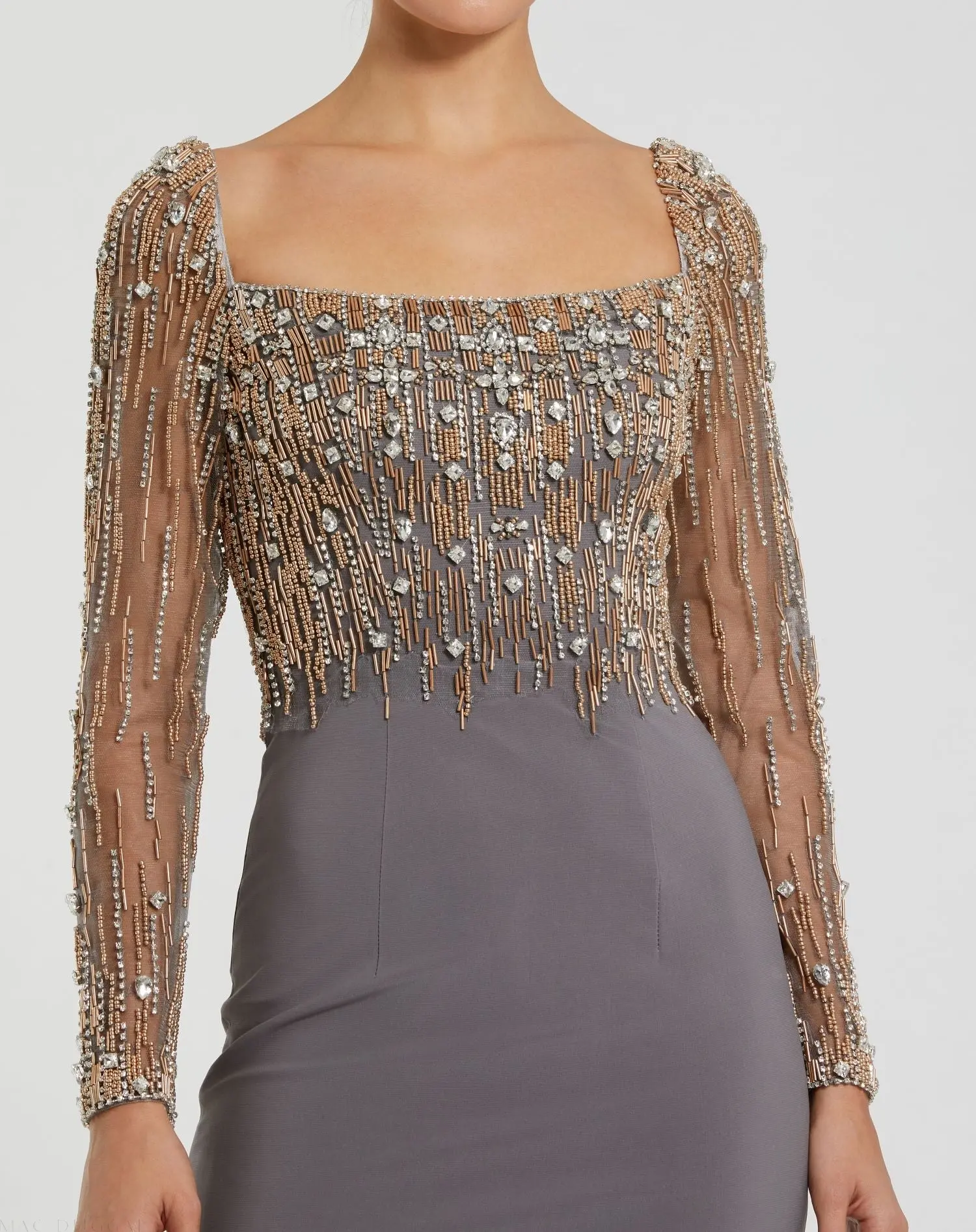 Gray Beaded Square Neck Long Sleeve Jersey Gown - Image 2