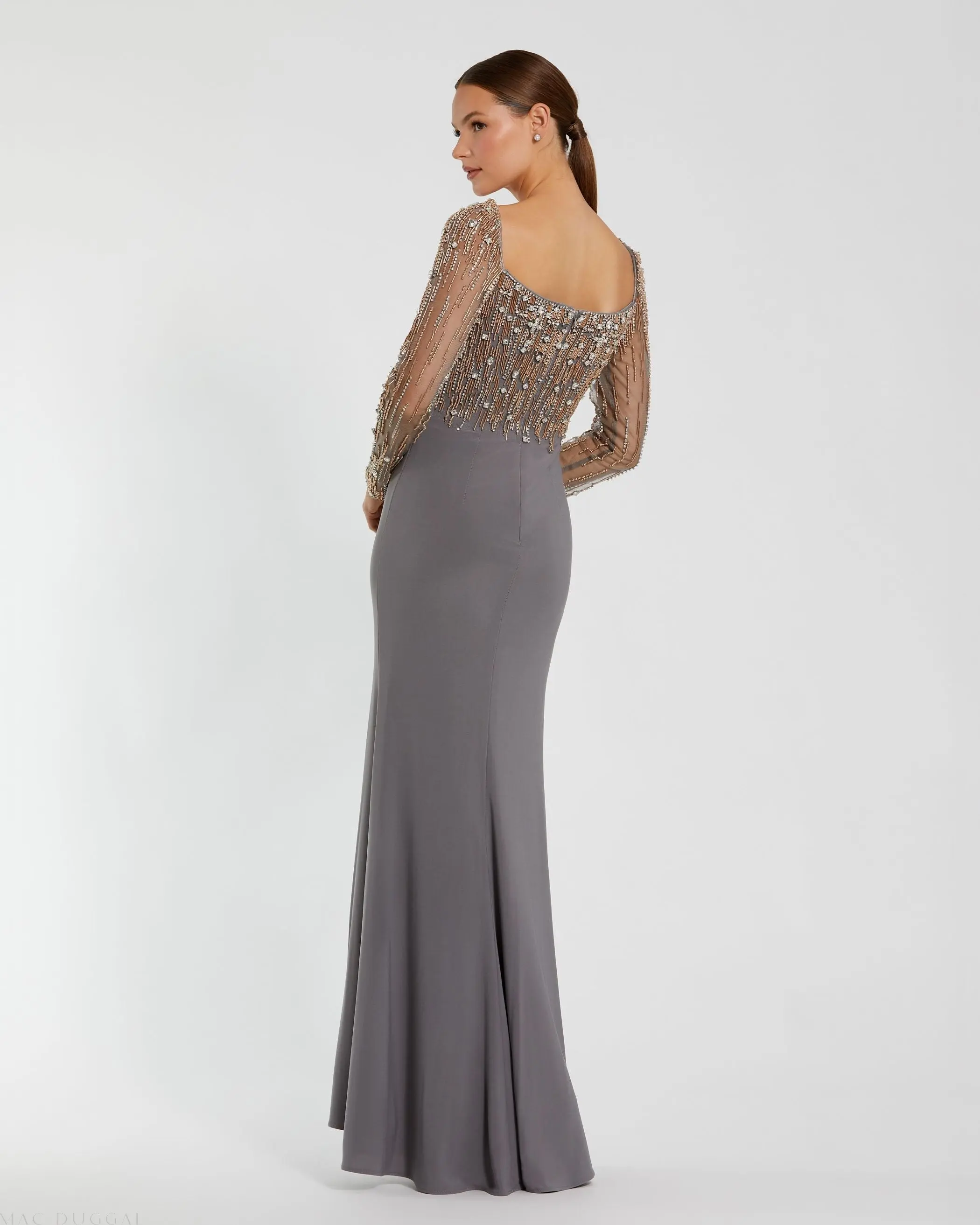 Gray Beaded Square Neck Long Sleeve Jersey Gown - Image 3