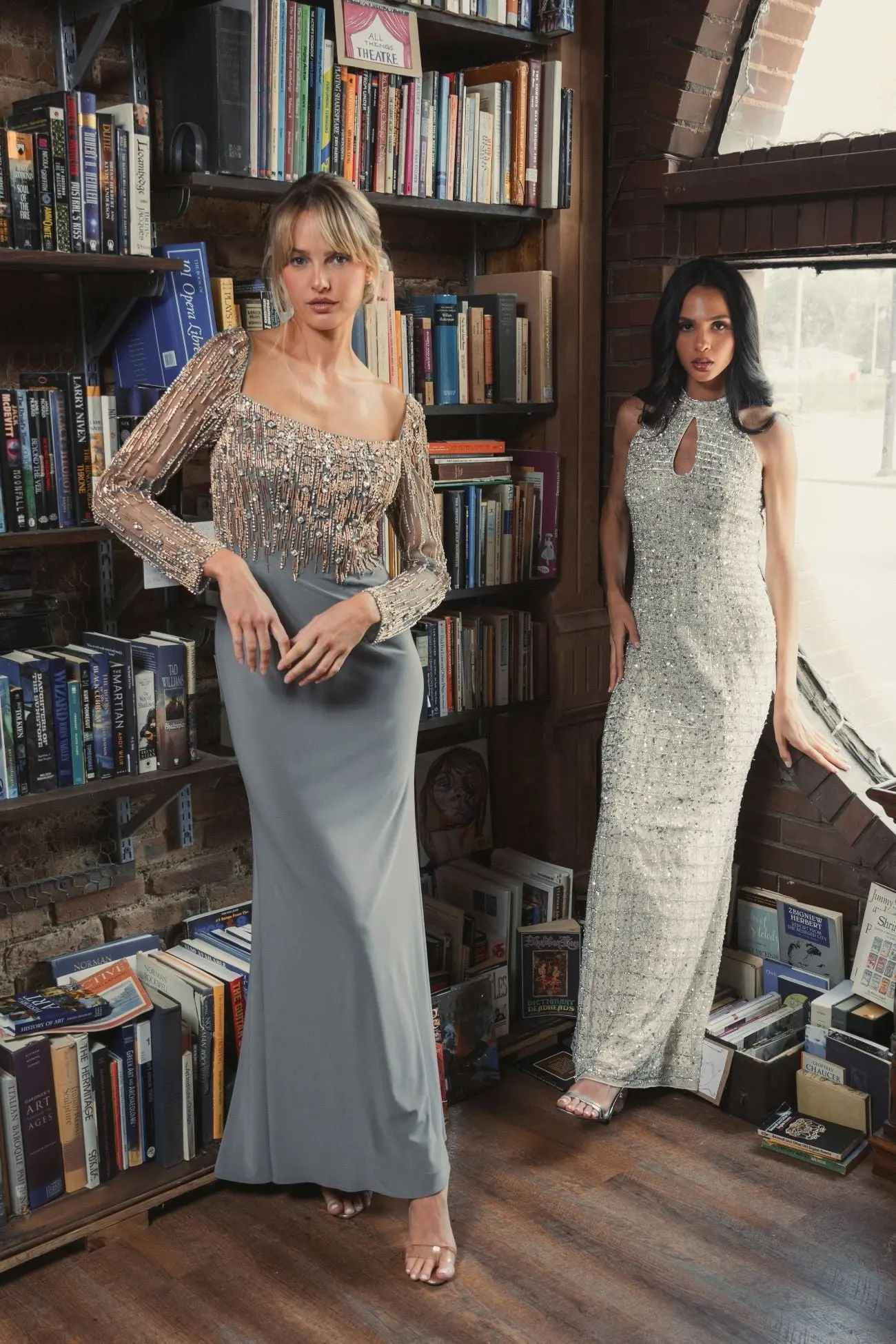 Gray Beaded Square Neck Long Sleeve Jersey Gown - Image 4