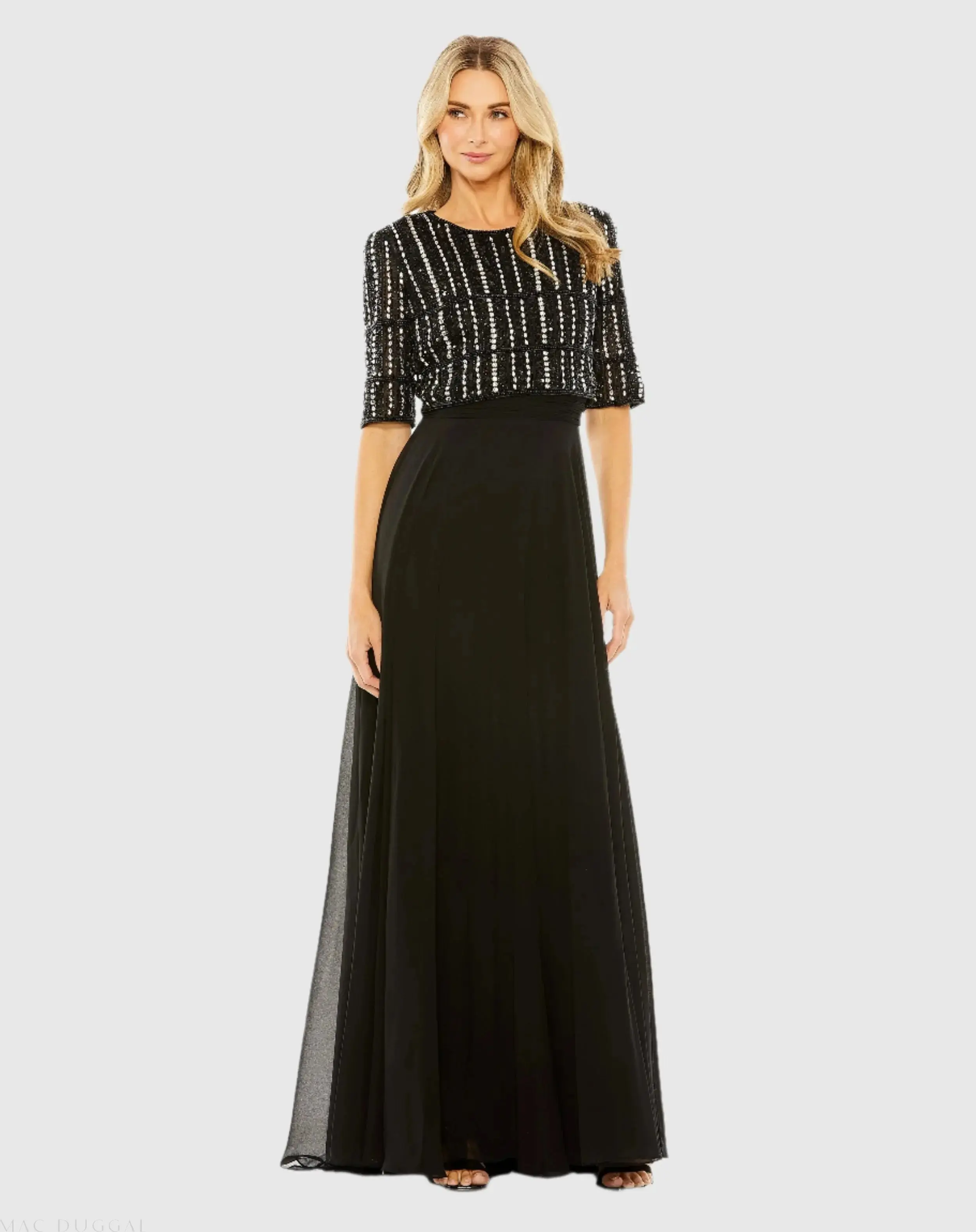 Chiffon Gown w/ Fully Beaded 3/4 Sleeve Top - Image 5