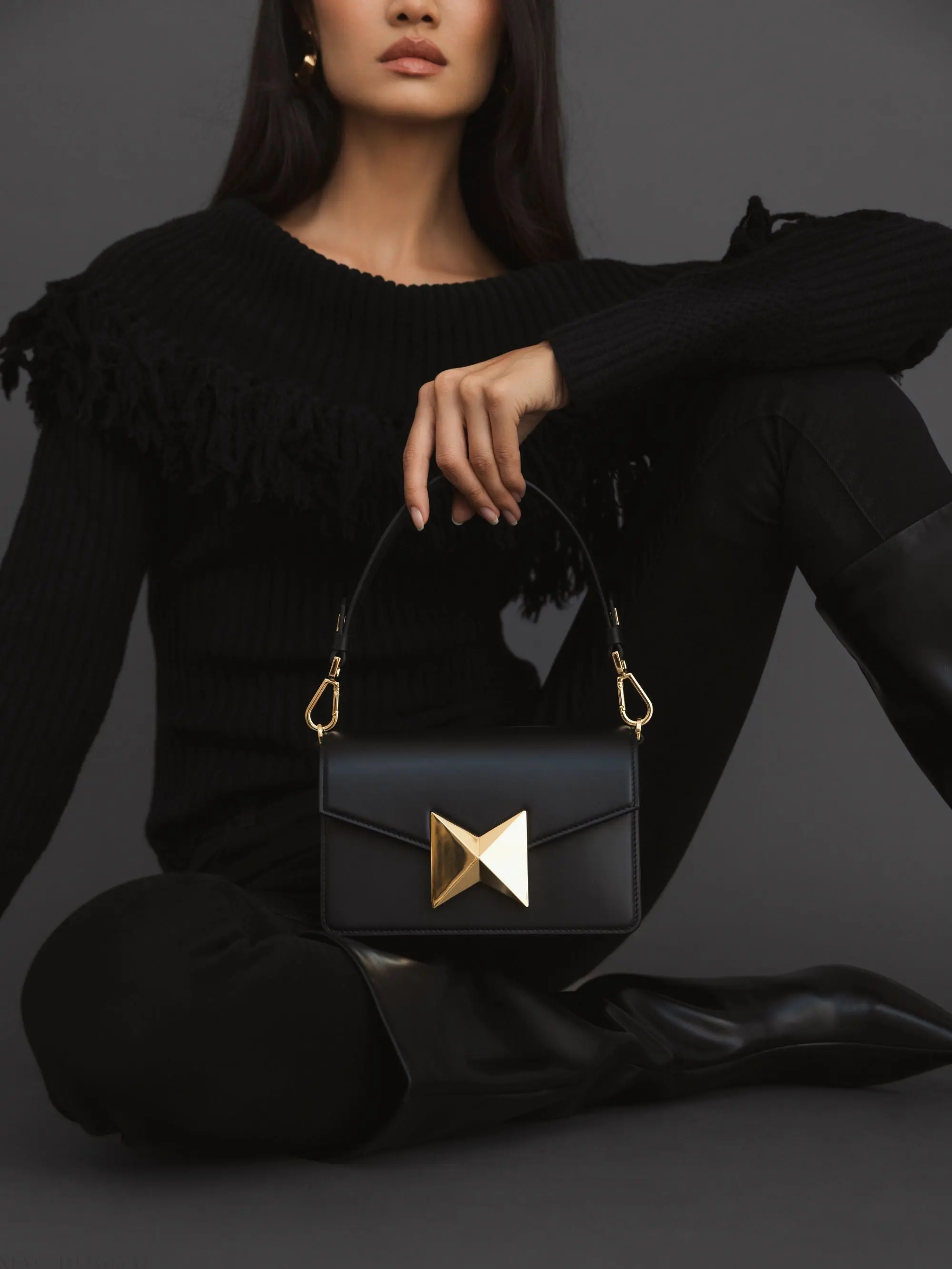Black Mini Leather Shoulder Handbag With Gold Hardware - Image 5