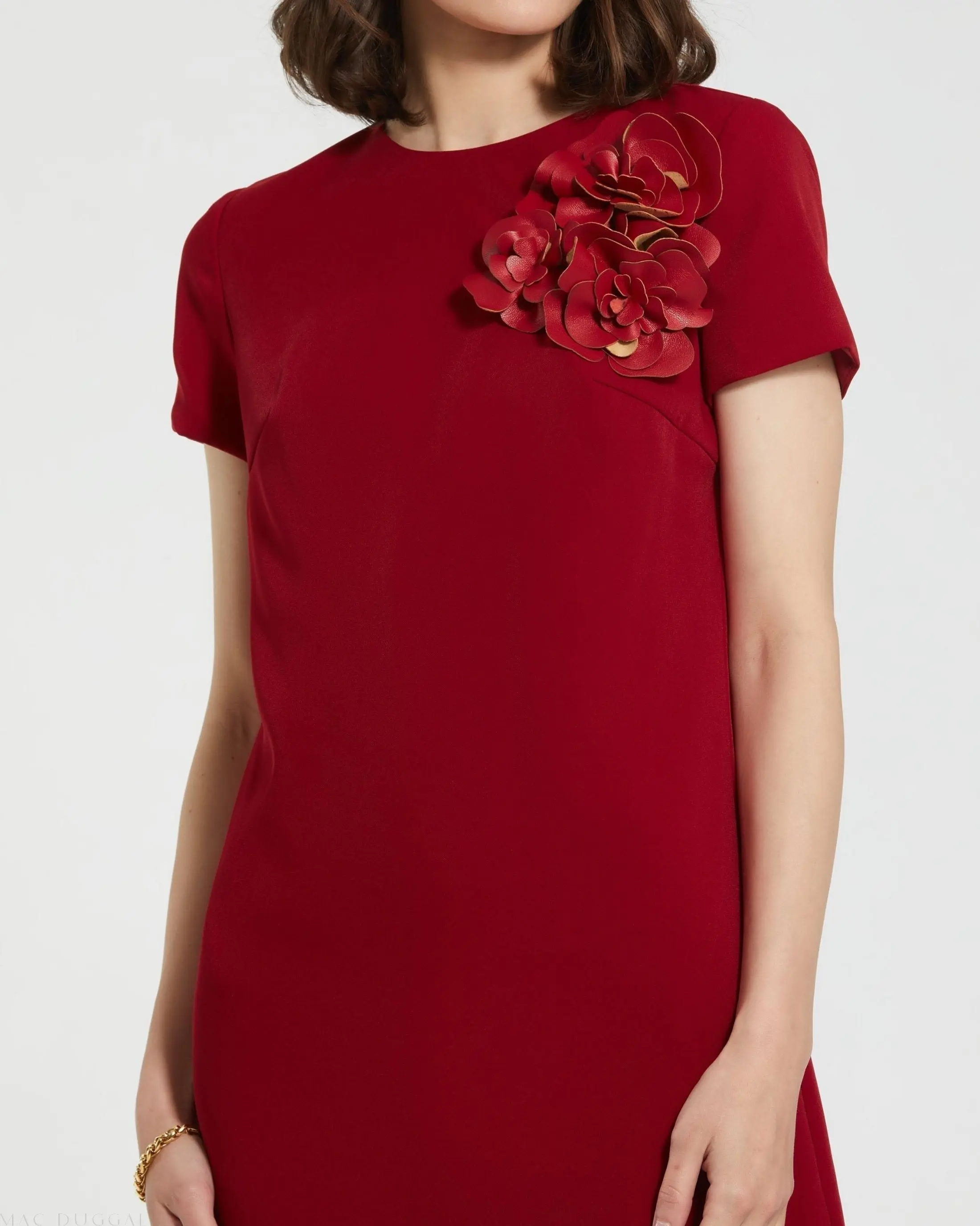 Red Crepe Cap Sleeve Mini Dress With 3D Flower Details - Image 2