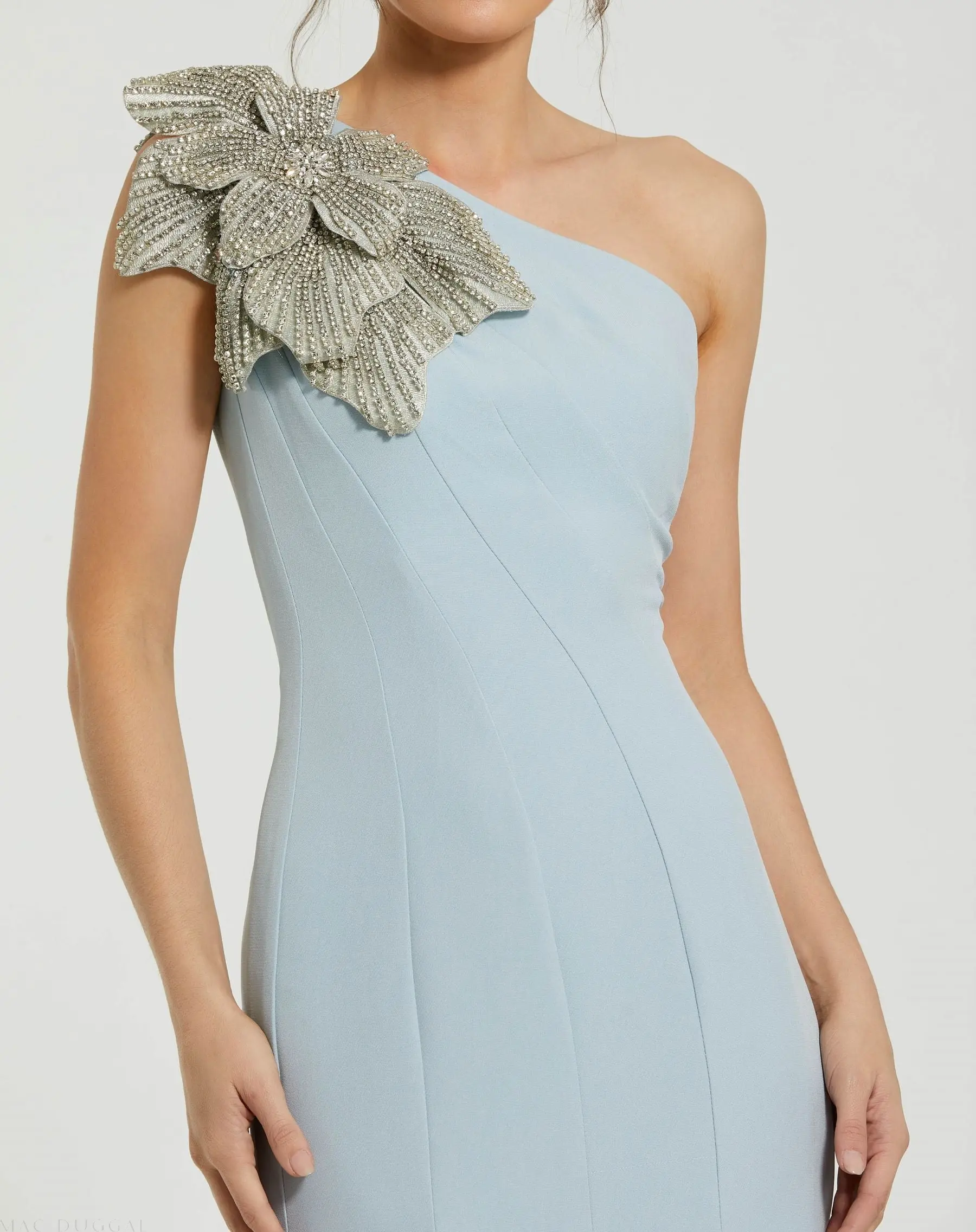 Blue Crepe One Shoulder Gown With Crystal Flower - Image 2