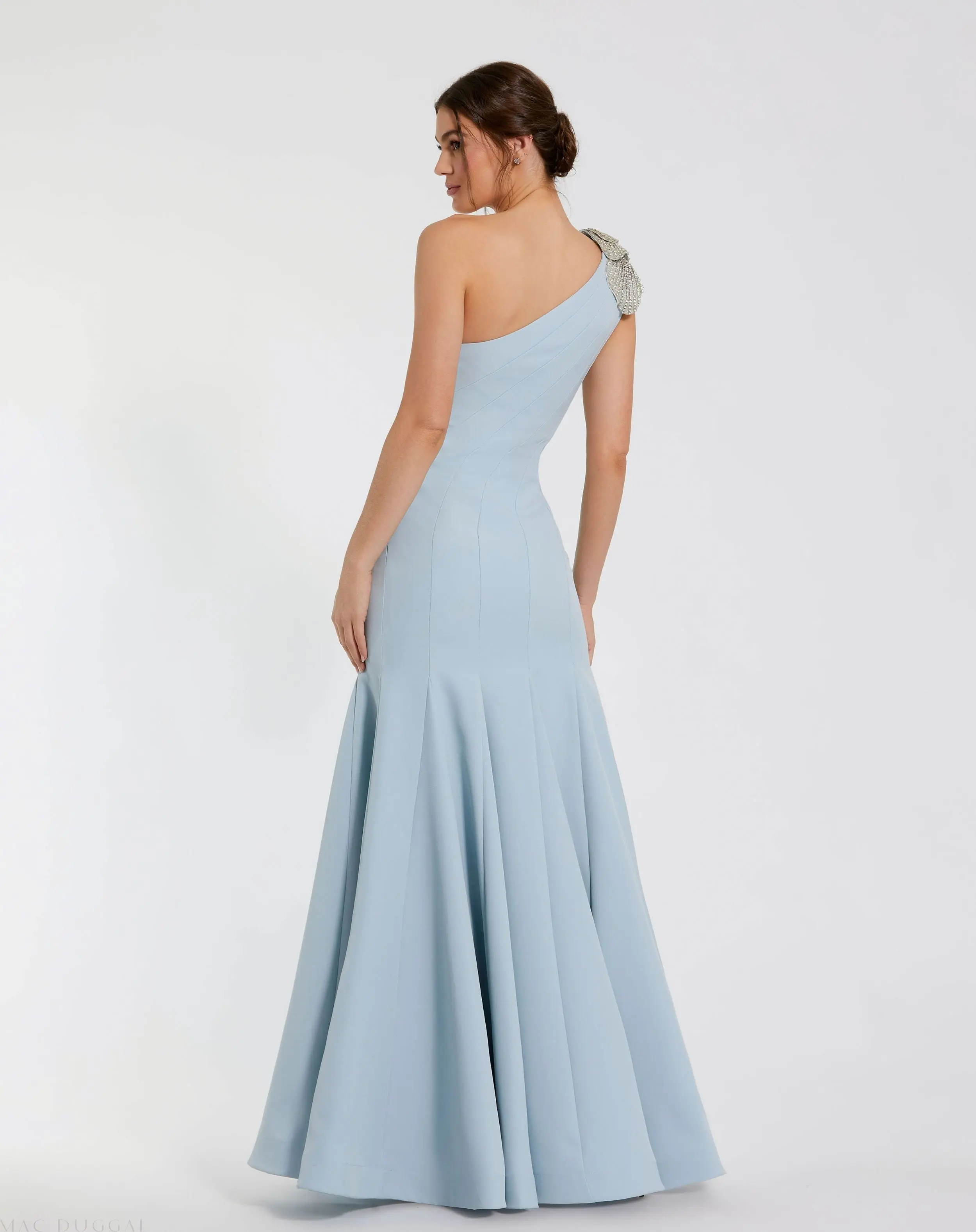 Blue Crepe One Shoulder Gown With Crystal Flower - Image 3