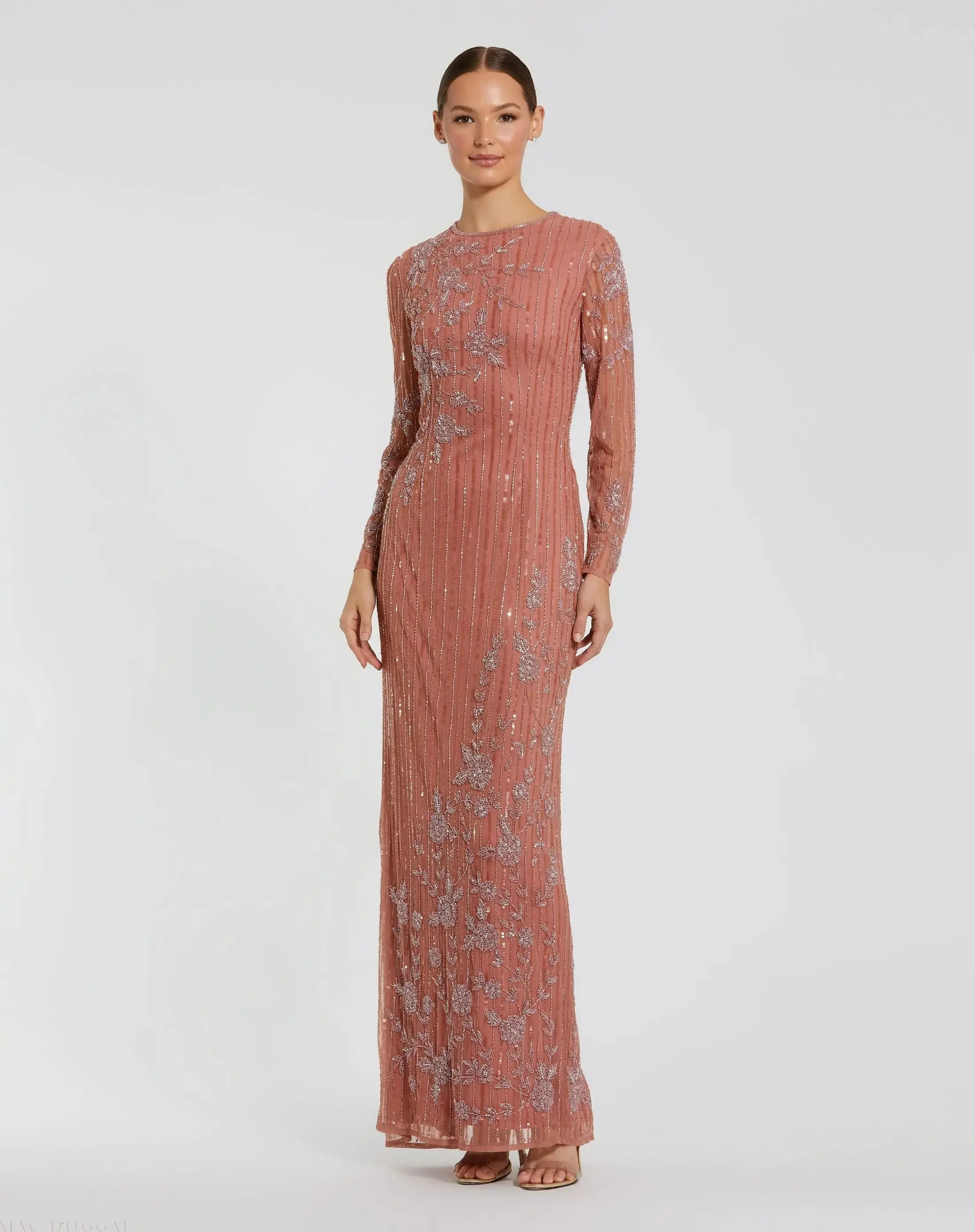 Embellished High Neck Illusion Long Sleeve Gown - Image 2