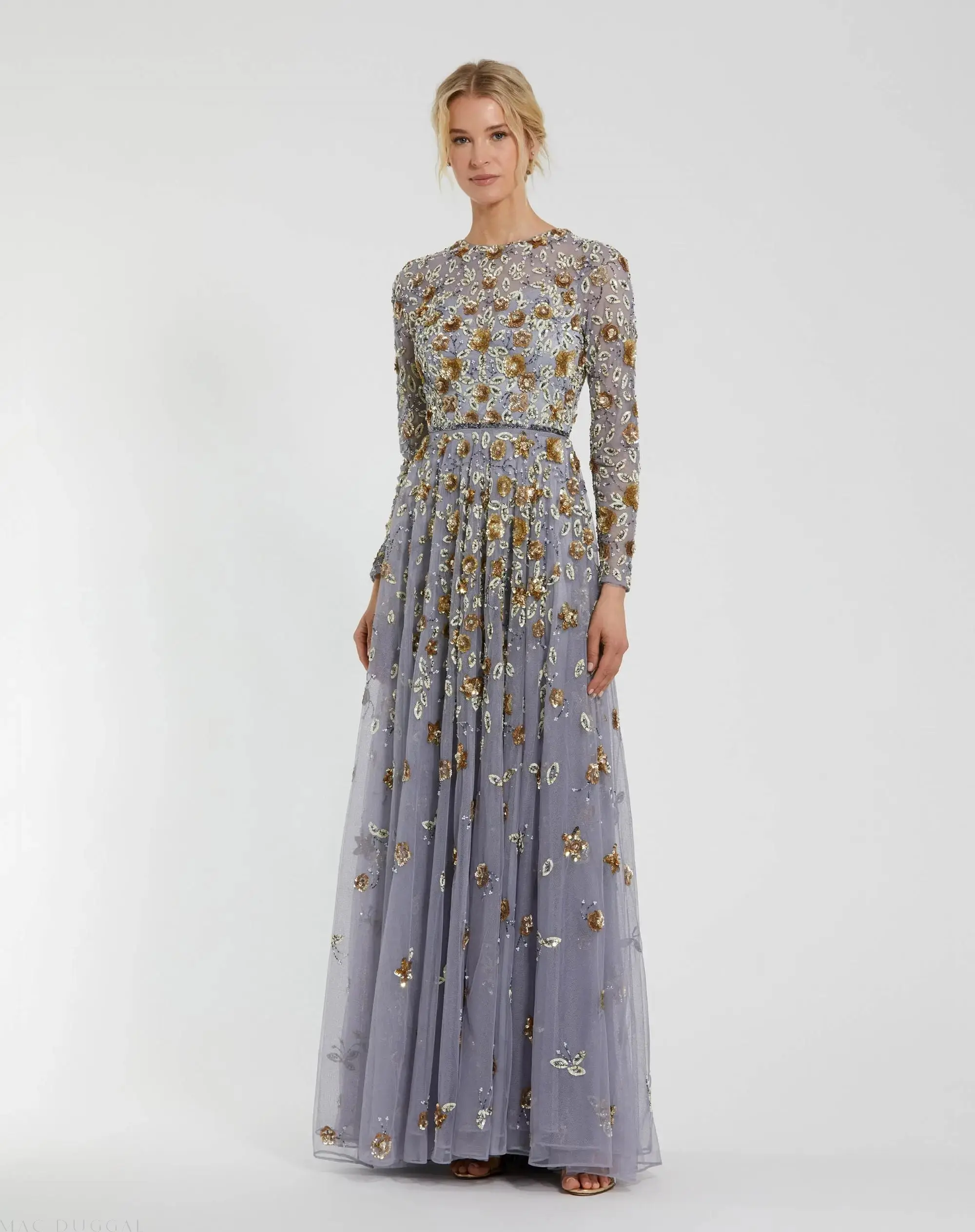 Embellished High Neck Long Sleeve A Line Gown - Image 6