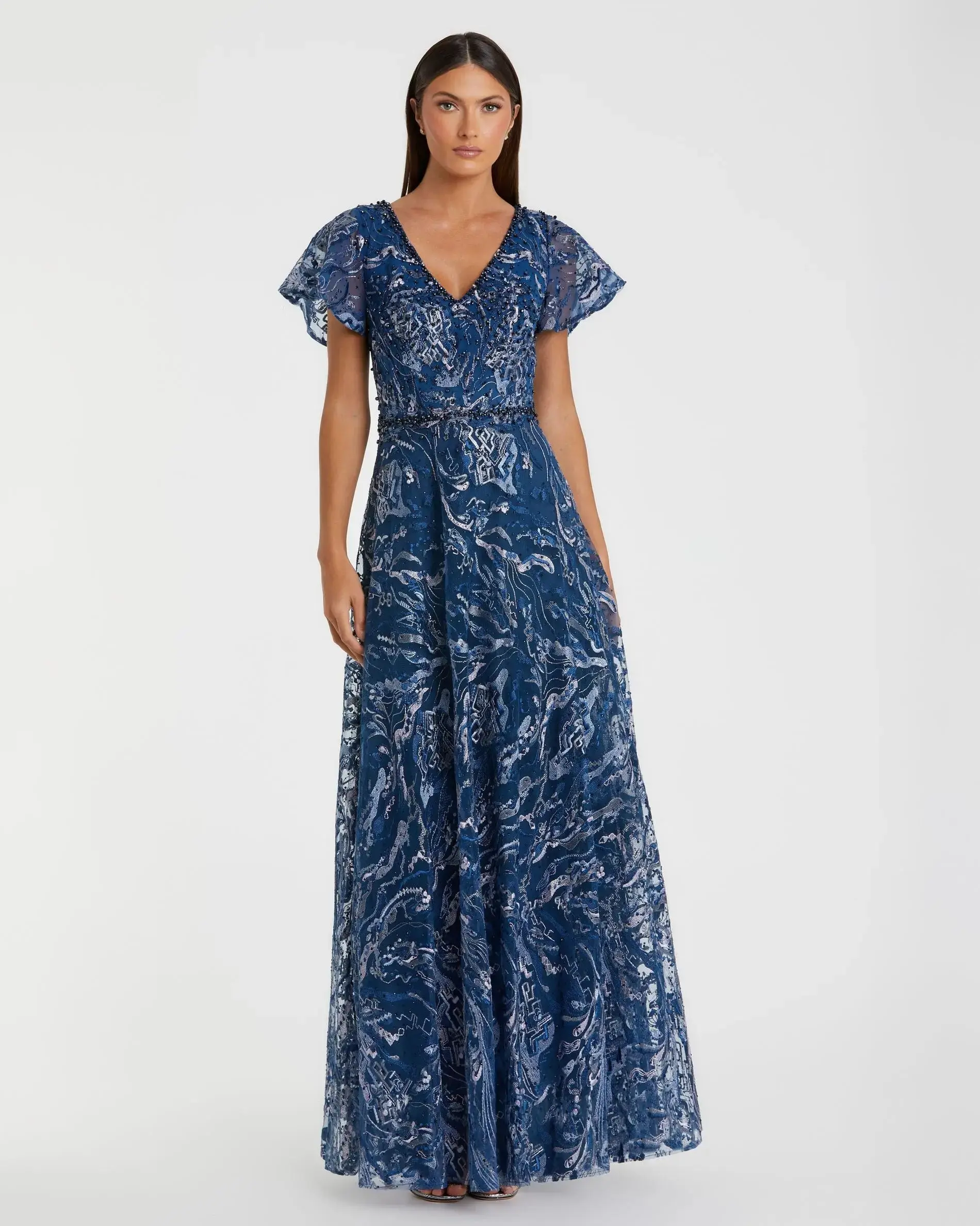 Navy Embellished Illusion Butterfly Sleeve A-Line Gown