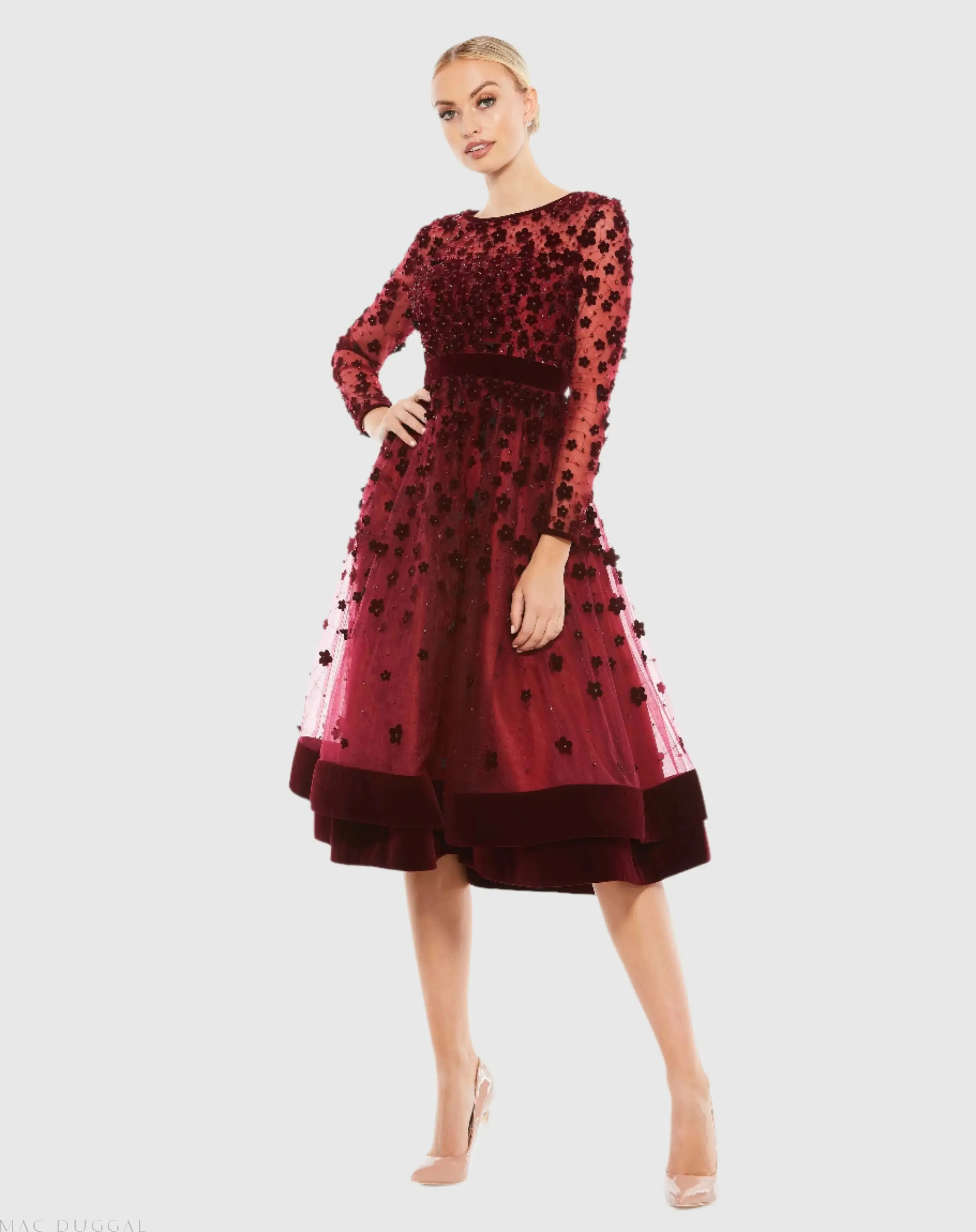 Embellished Illusion High Neck Long Sleeve Fit & Flare Dress - Image 5